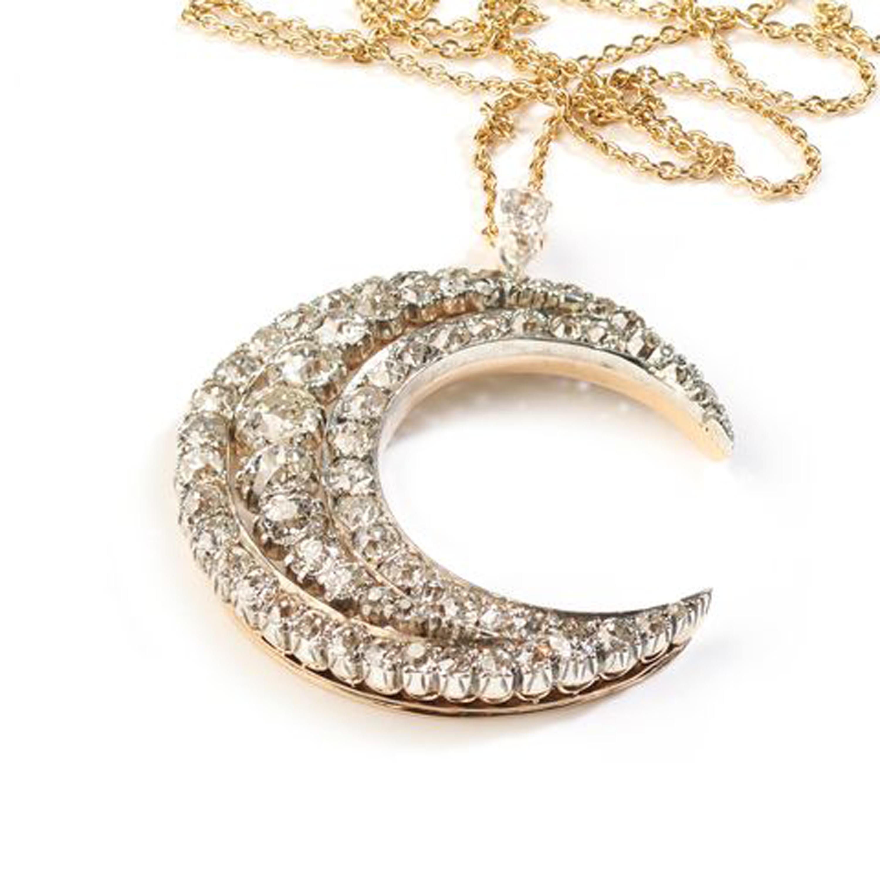 Late Victorian Antique Diamond Silver and Gold Crescent Pendant, Circa 1890 For Sale