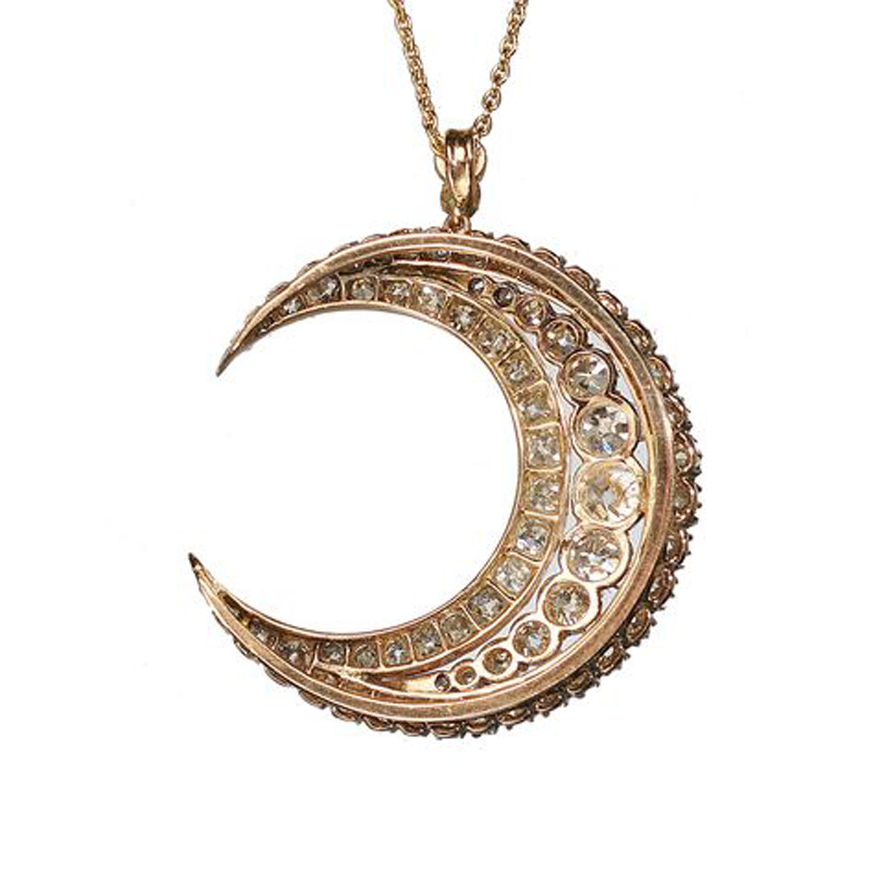 Antique Diamond Silver and Gold Crescent Pendant, Circa 1890 In Good Condition For Sale In London, GB