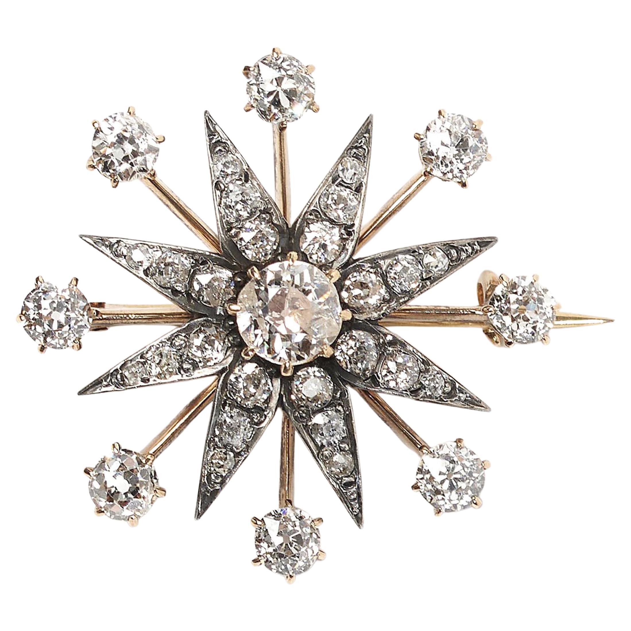 Antique Diamond, Silver and Gold Eight Ray Star Brooch, circa 1900 For Sale
