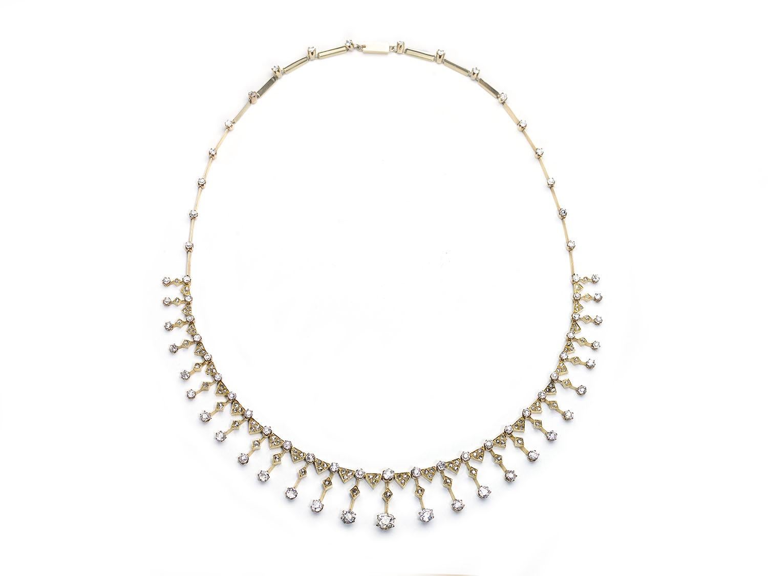 Old Mine Cut Antique Diamond Silver and Gold Fringe Tiara Necklace, Circa 1880
