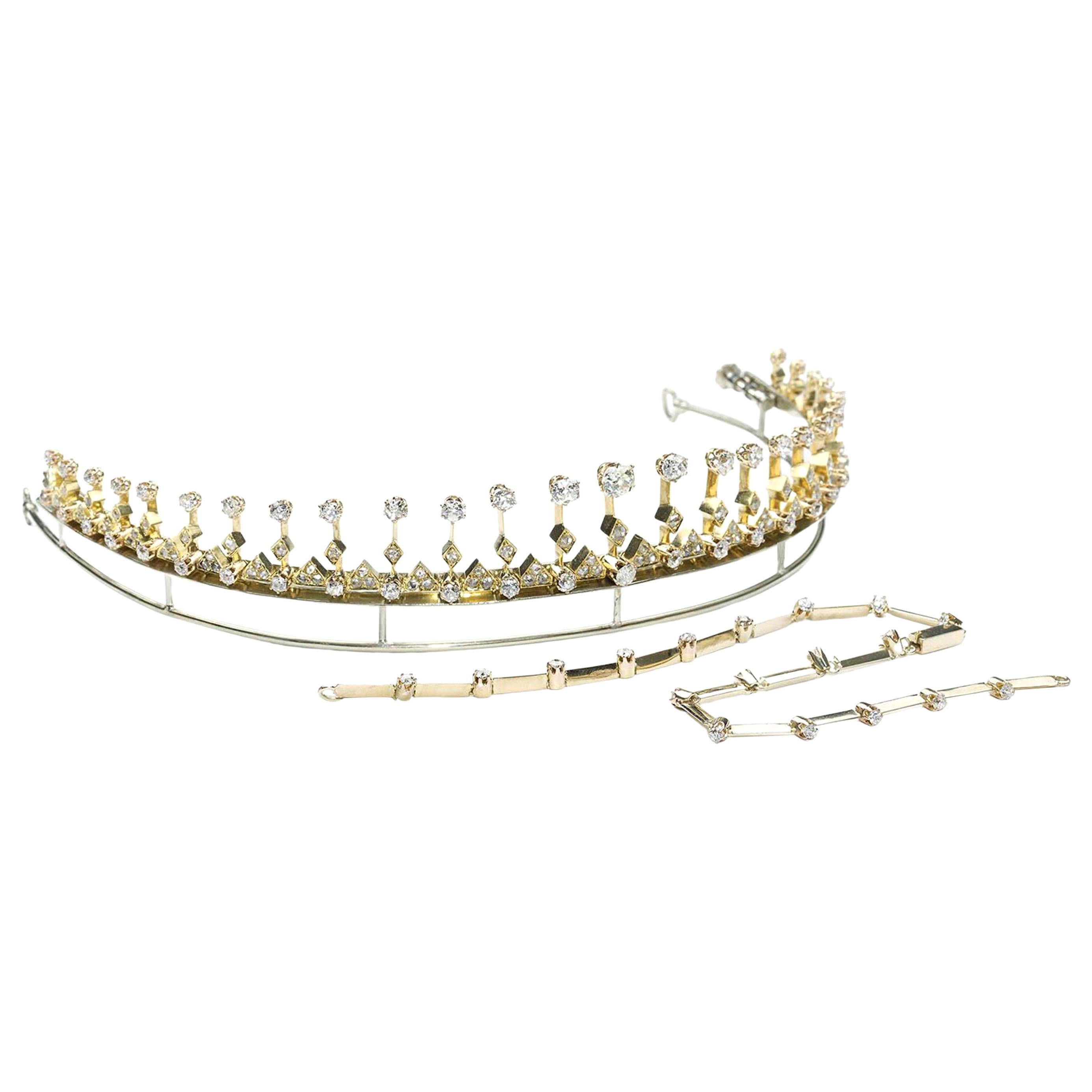 Antike Diamant-Tiara-Halskette aus Silber und Gold mit Fransen, um 1880