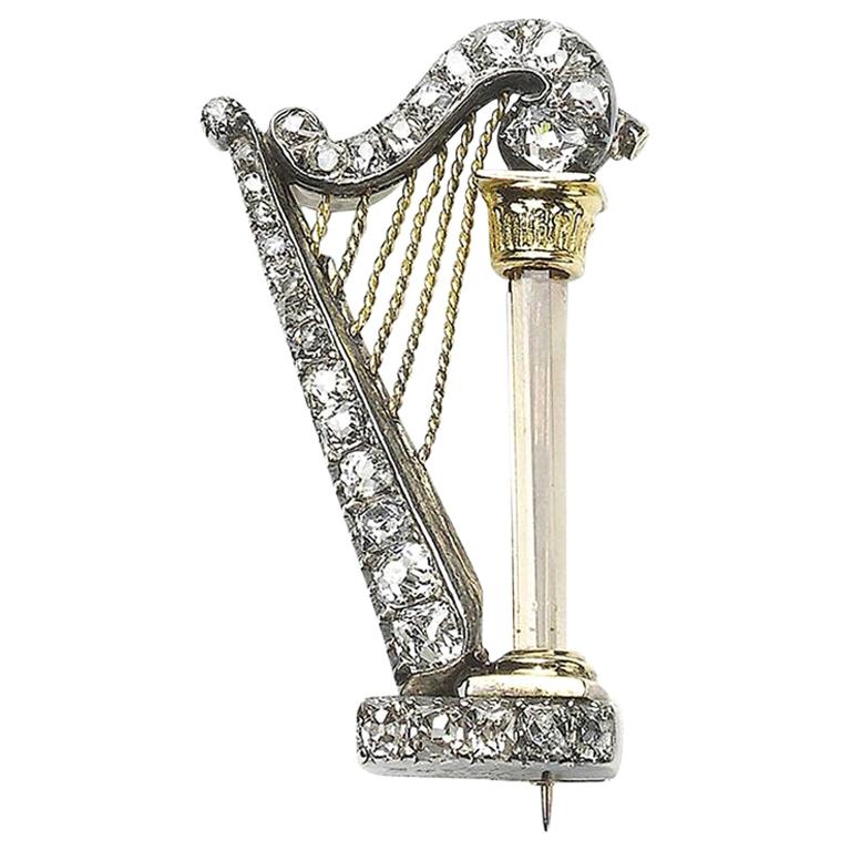 Broche harpe ancienne en argent et or avec diamants, c. 1890 En vente sur  1stDibs