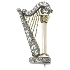 Antique Diamond, Silver and Gold Harp Brooch, Circa 1890