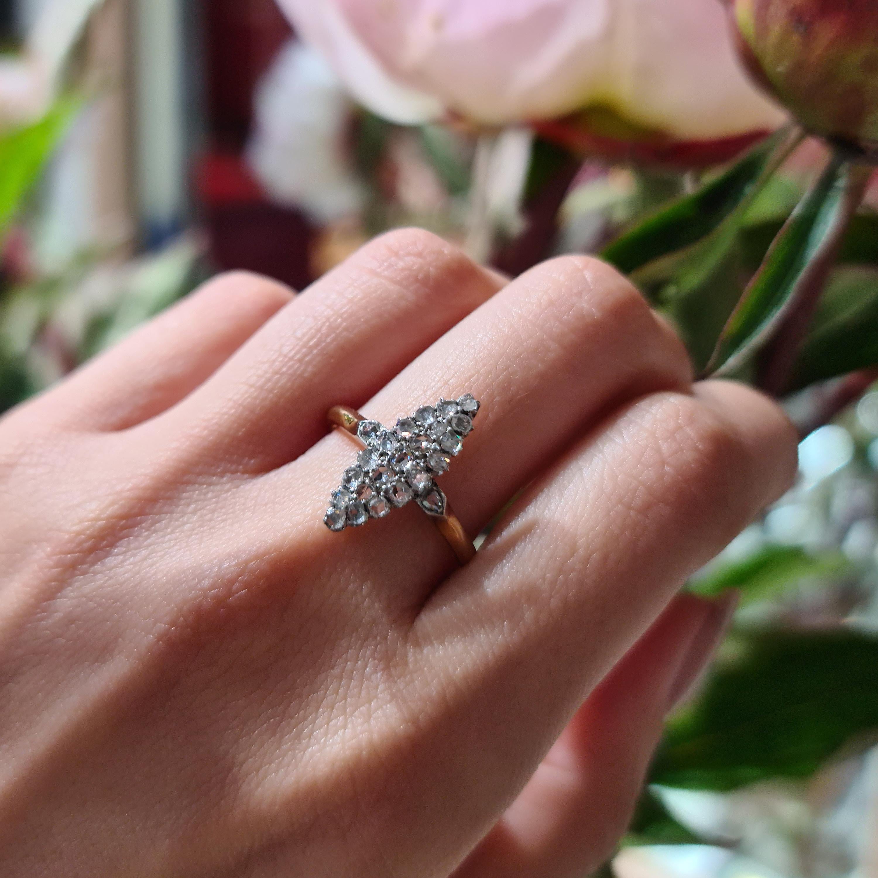 Victorian Antique Diamond Silver and Gold Navette Ring, Circa 1880 For Sale