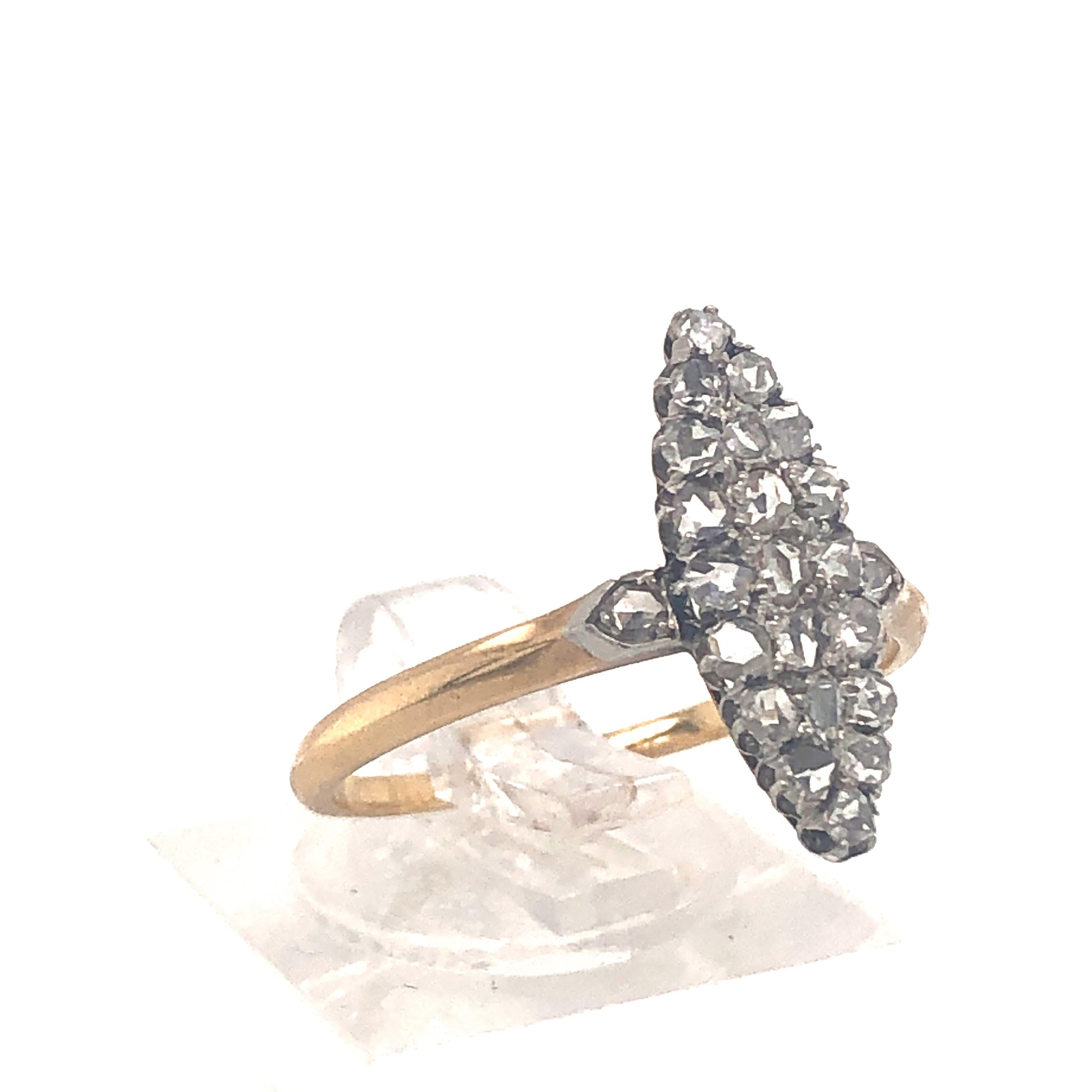 Women's Antique Diamond Silver and Gold Navette Ring, Circa 1880 For Sale