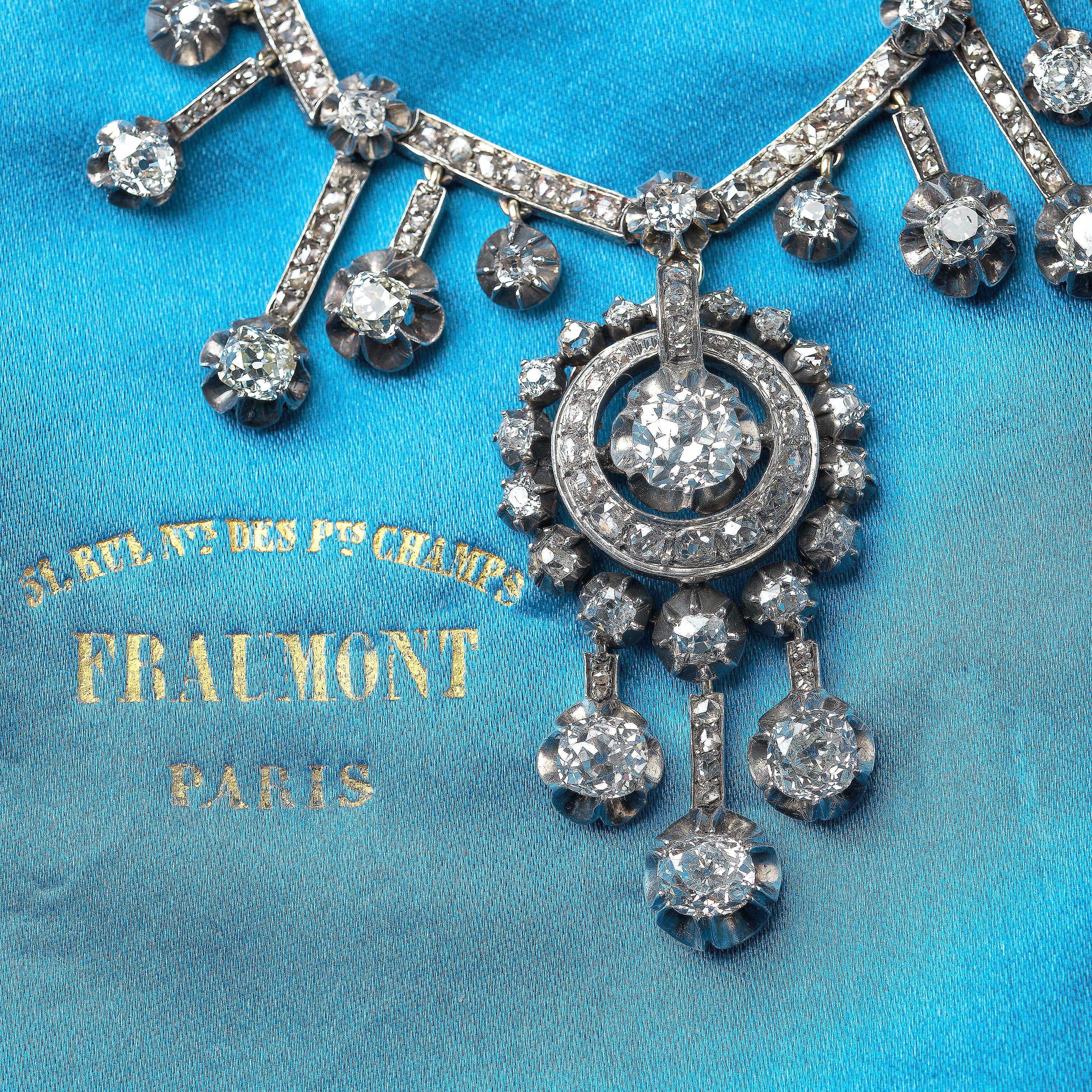 French Antique Fraumont Diamond, Silver Gold Necklace and Earrings Circa 1855 For Sale 1
