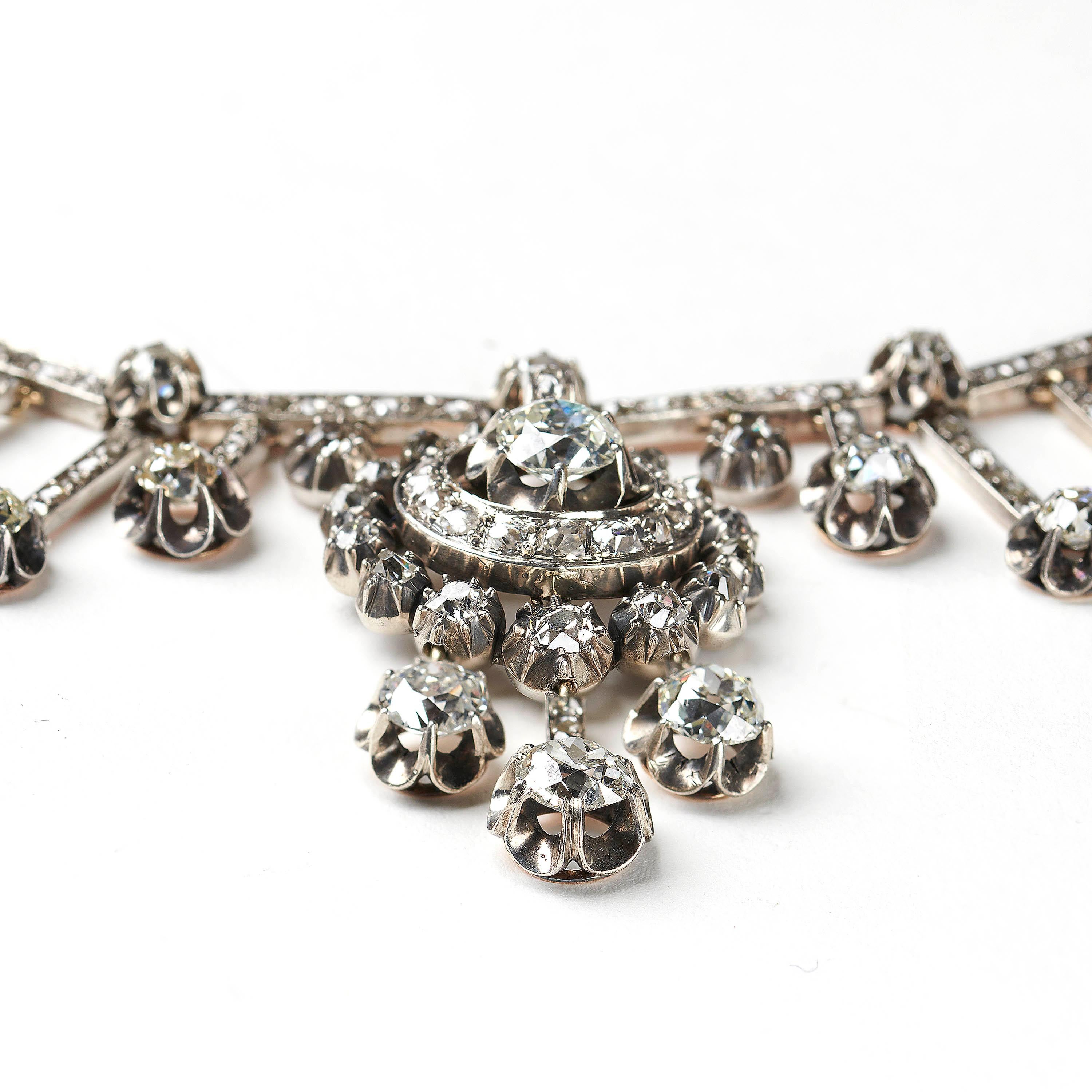 French Antique Fraumont Diamond, Silver Gold Necklace and Earrings Circa 1855 For Sale 2