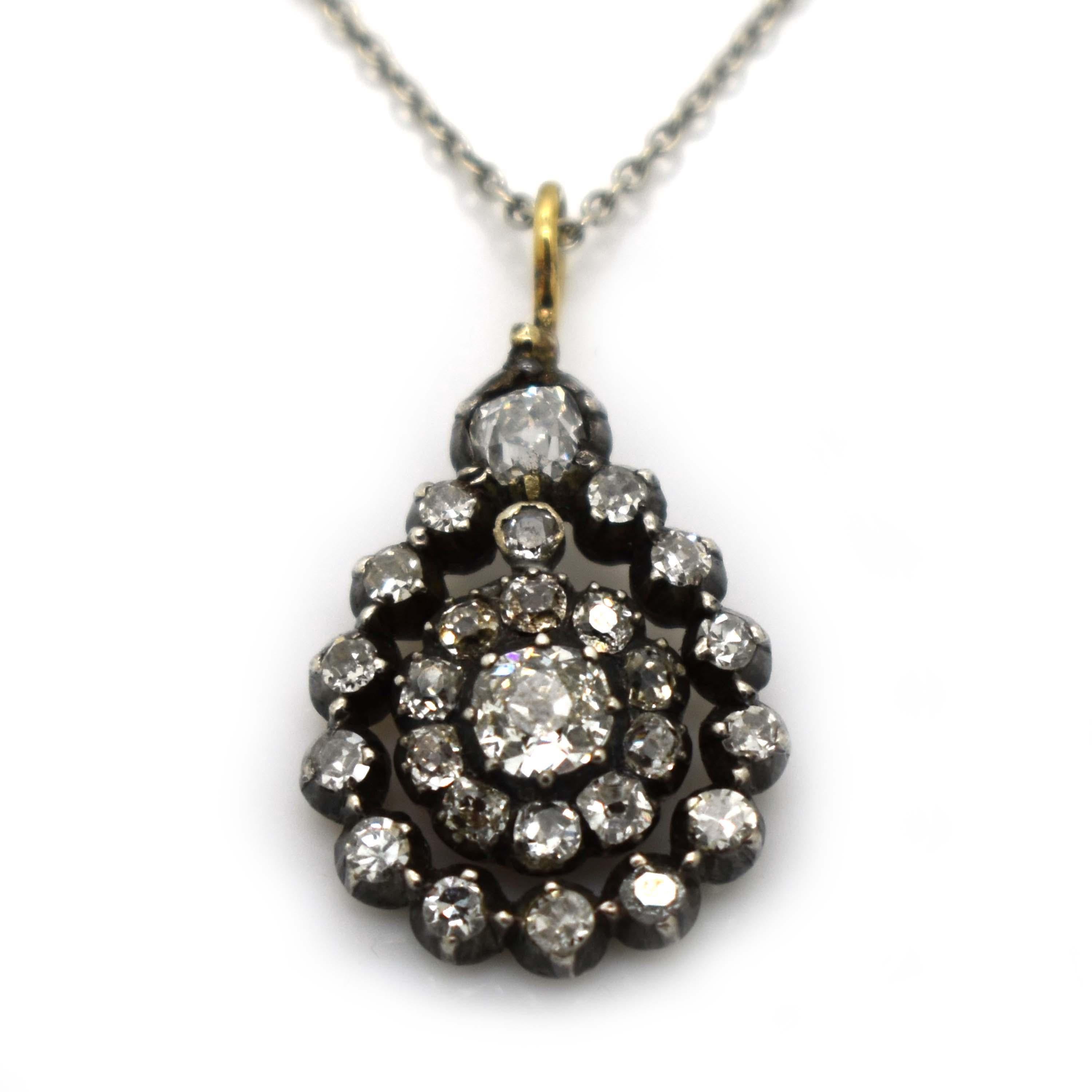 Old Mine Cut Antique Diamond Silver and Gold Pendant, Circa 1880