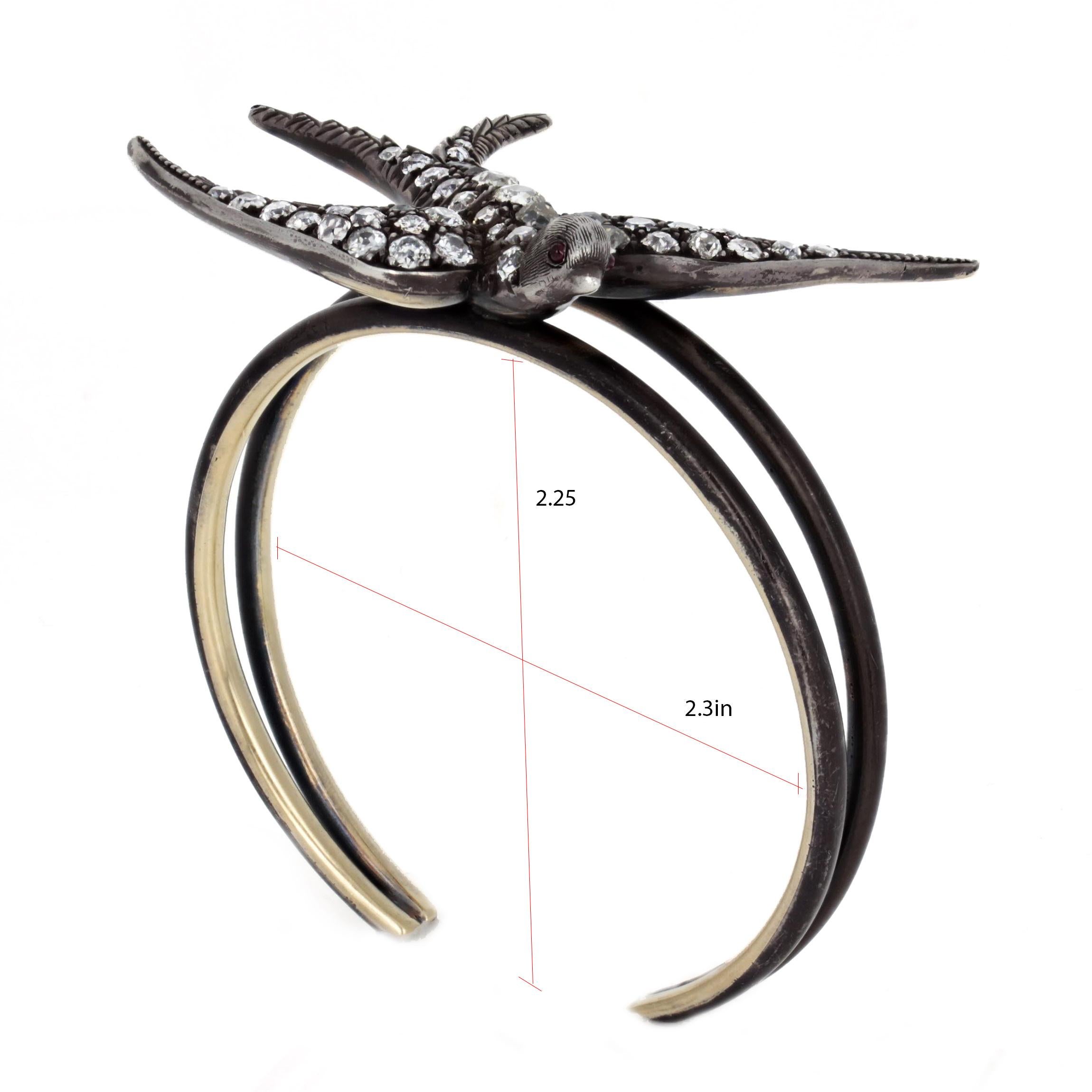 Antique Diamond Silver and Gold Swallow Cuff Bracelet In Good Condition For Sale In New York, NY