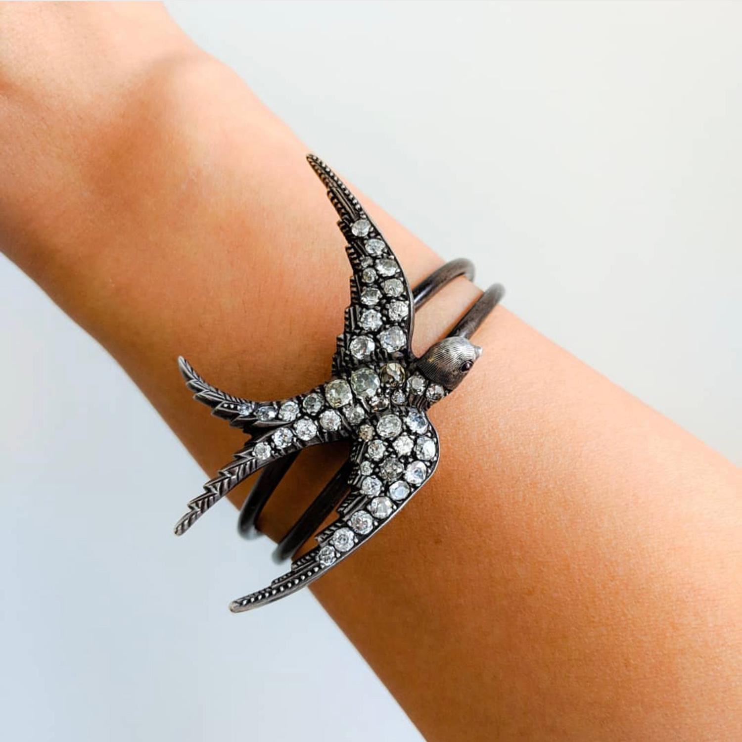 Antique Diamond Silver and Gold Swallow Cuff Bracelet For Sale 1