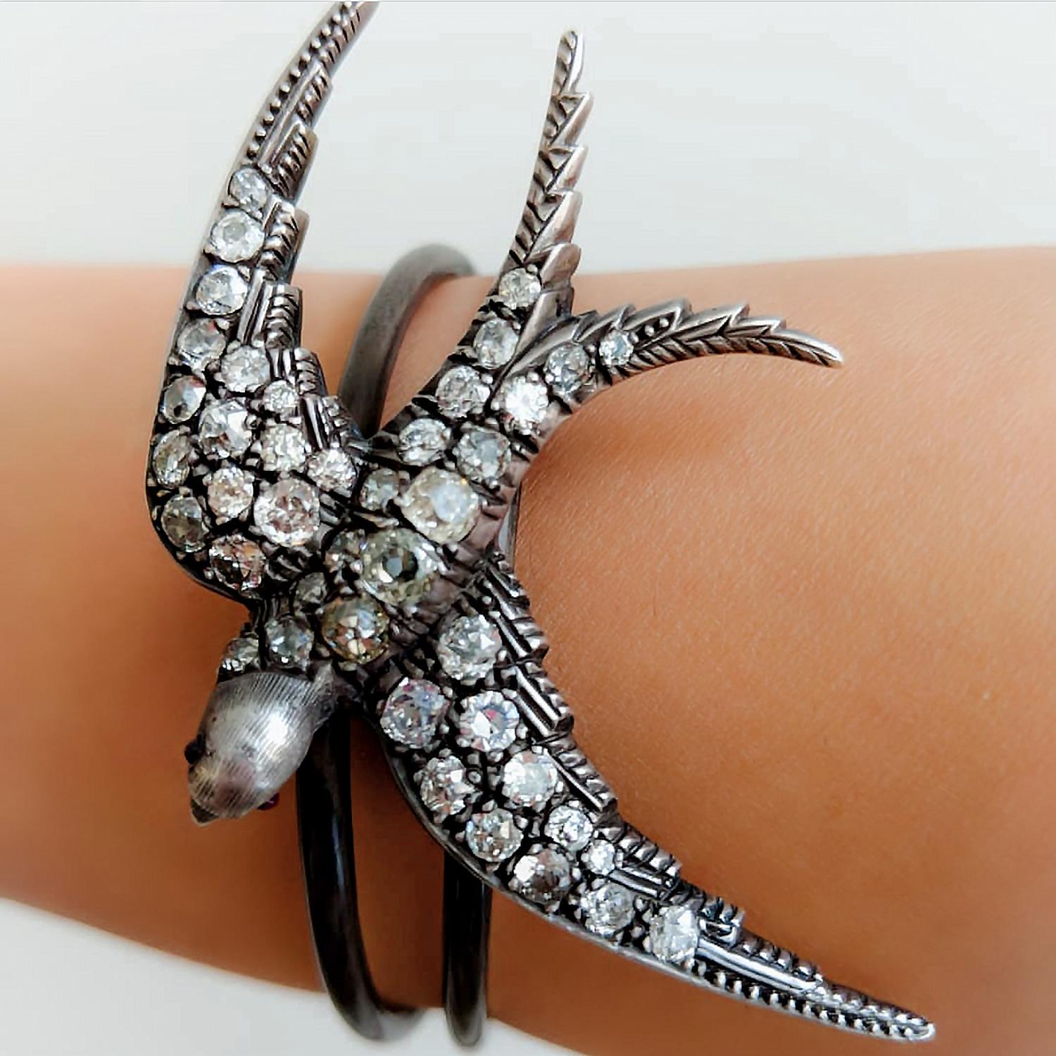 Antique Diamond Silver and Gold Swallow Cuff Bracelet For Sale 2