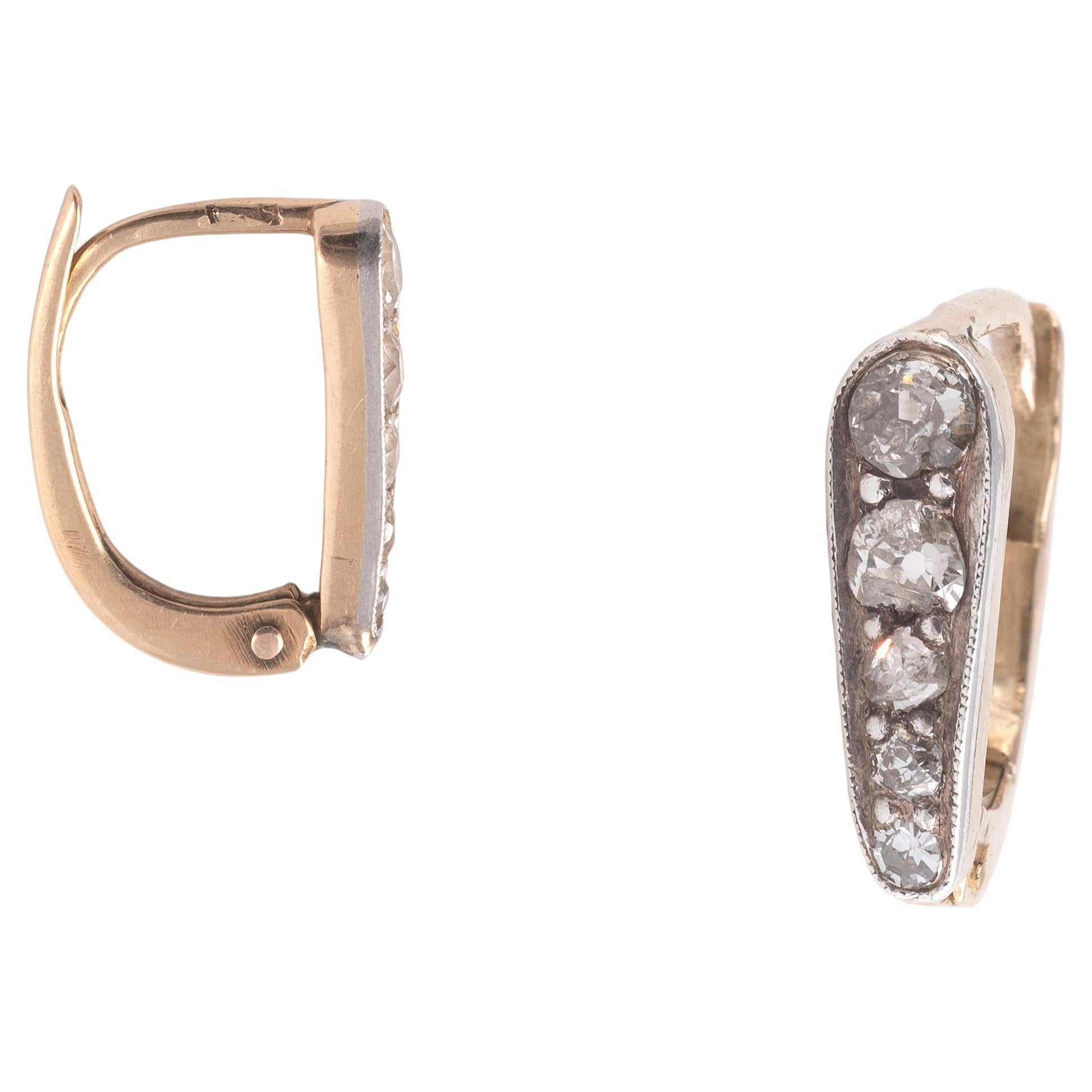 Paar antike Ohrringe aus Silber und Gelbgold mit Diamanten. (Alteuropäischer Schliff) im Angebot