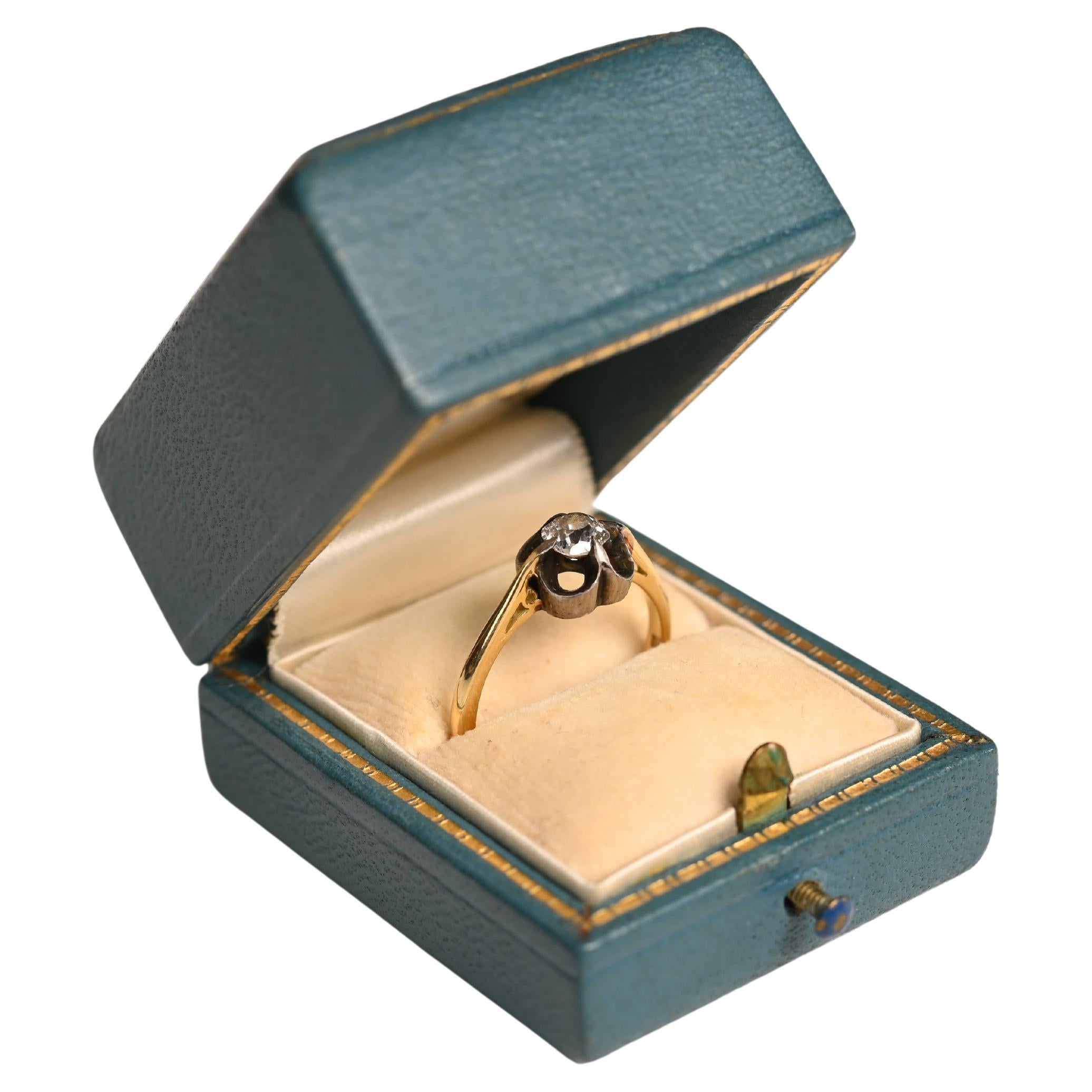 Victorian 0.40 Carat Cushion Cut Ring. Solitaire Diamond Silver 18K Yellow Gold For Sale