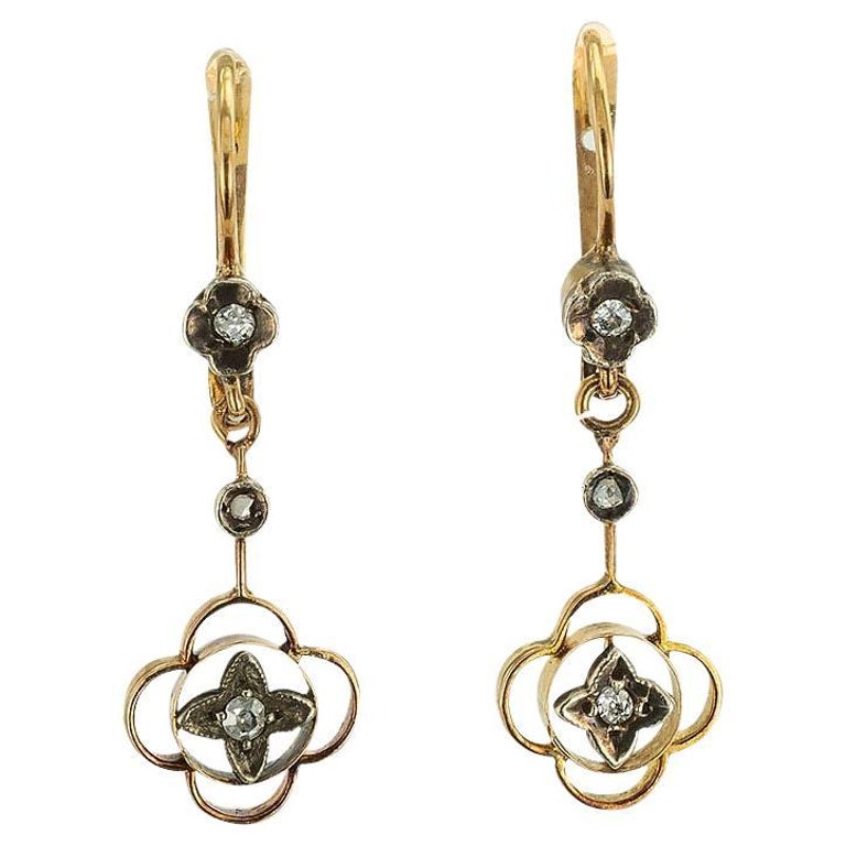 Antique Diamond Silver Gold Drop Earrings For Sale at 1stDibs