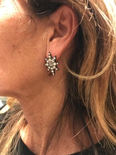 Antique Diamond Silver Gold Eight Point Star Cluster Earrings