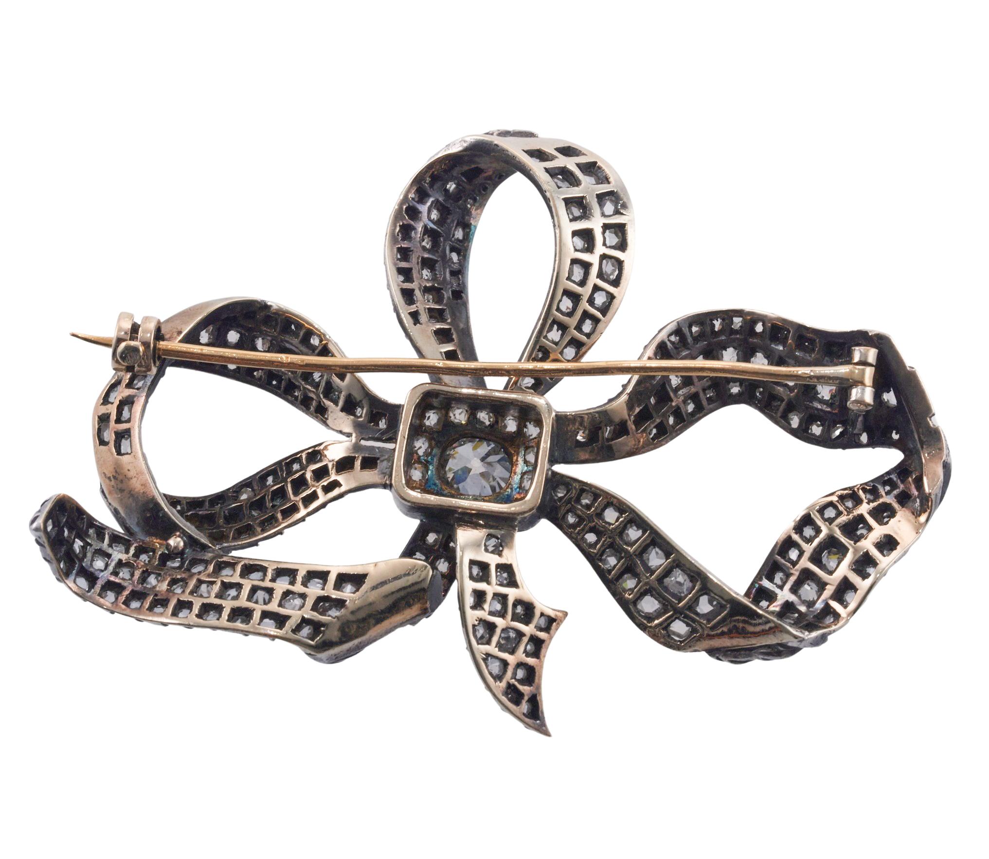 Old Mine Cut Antique Diamond Silver Gold Large Bow Brooch  For Sale