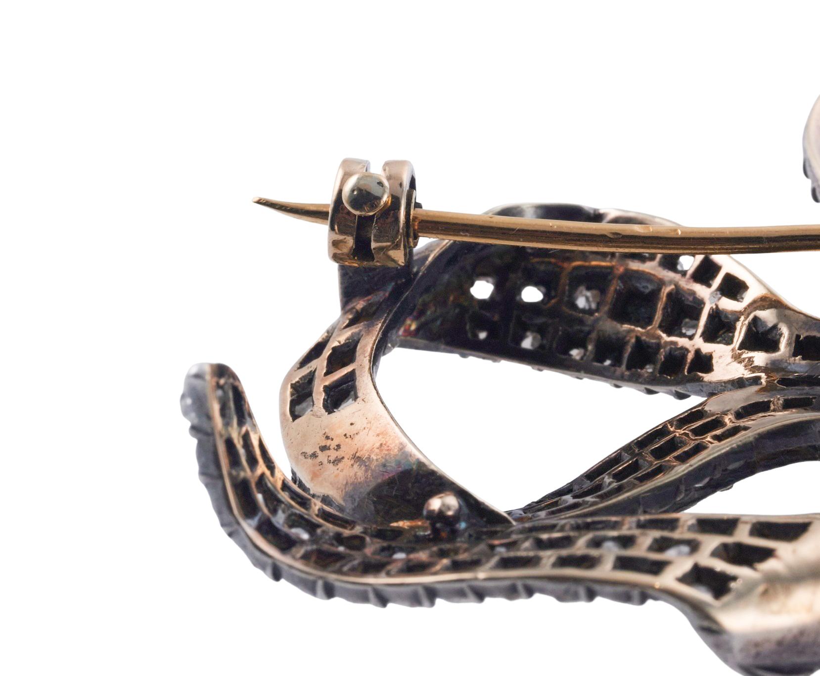 Antique Diamond Silver Gold Large Bow Brooch For Sale 1