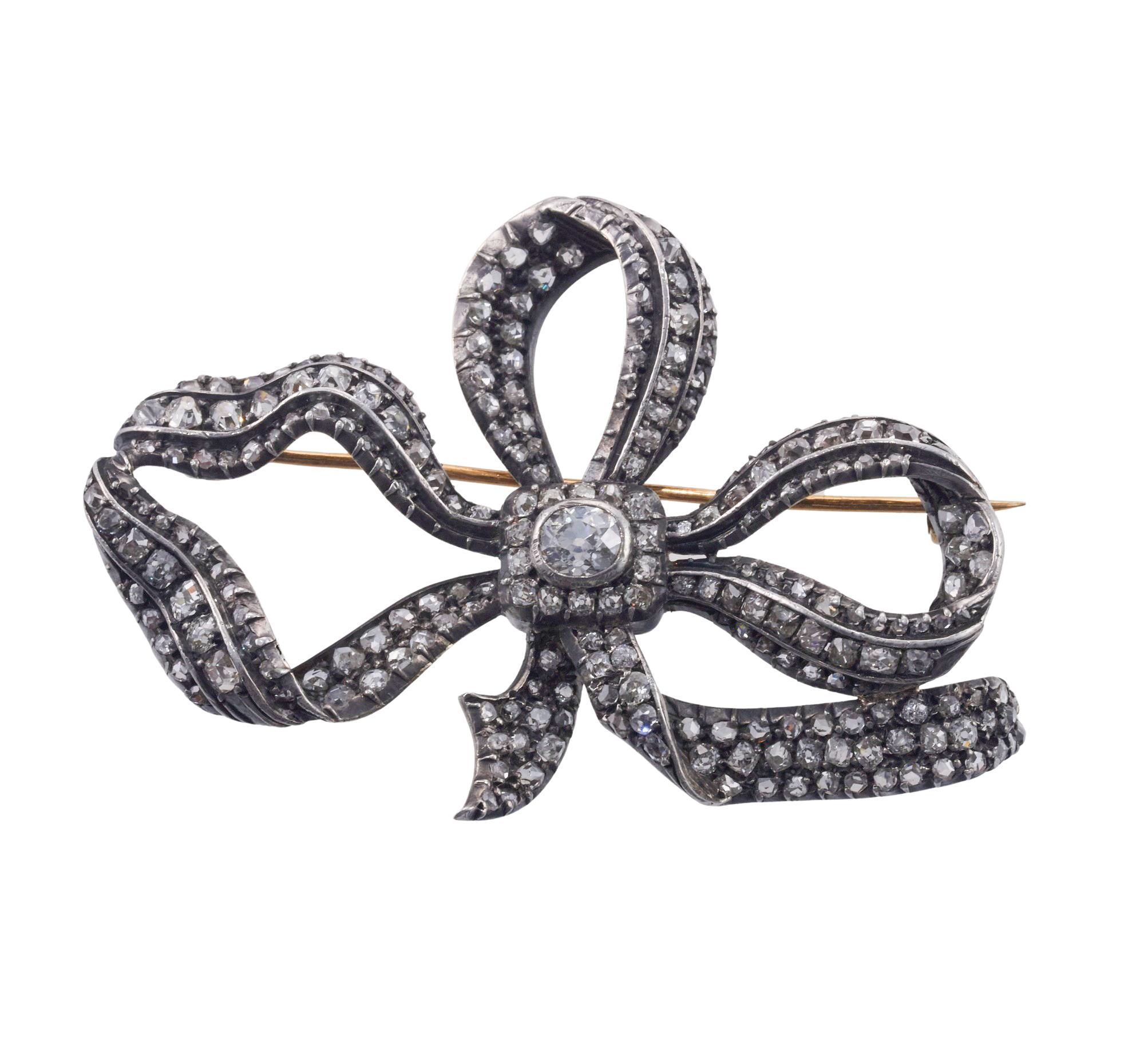 Antique Diamond Silver Gold Large Bow Brooch  For Sale