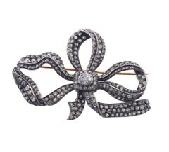 Antique Diamond Silver Gold Large Bow Brooch 