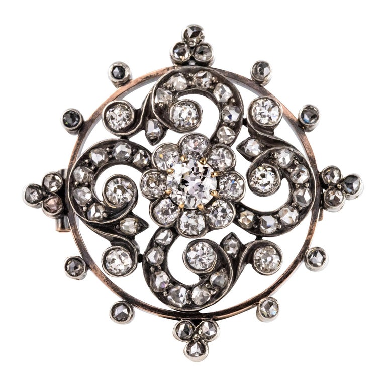 Antique Diamond Silver Rose Gold Brooch For Sale