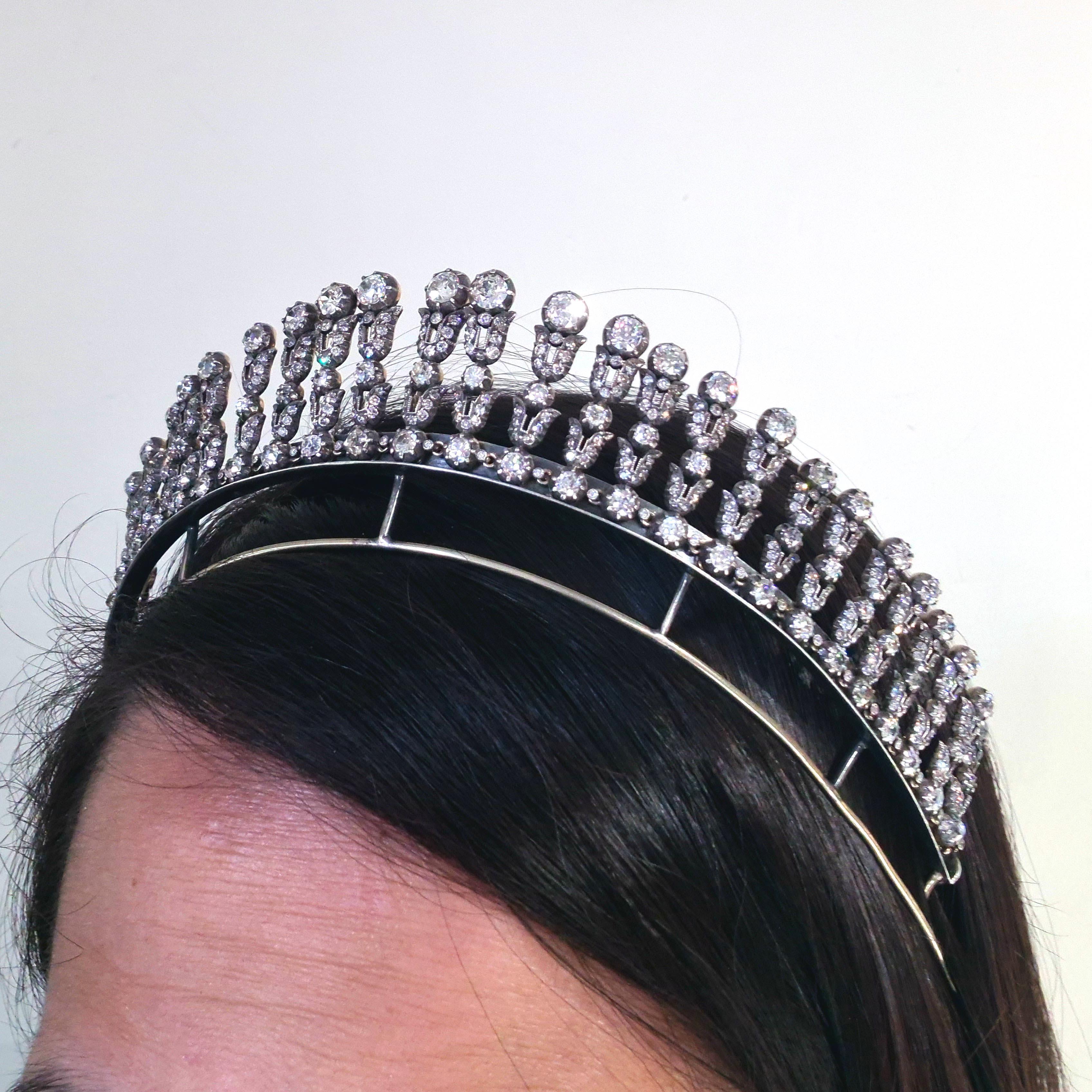 Antike Diamant-Silber-Upon-Gold-Tiara-Halskette, 35,44 Karat, um 1900 4