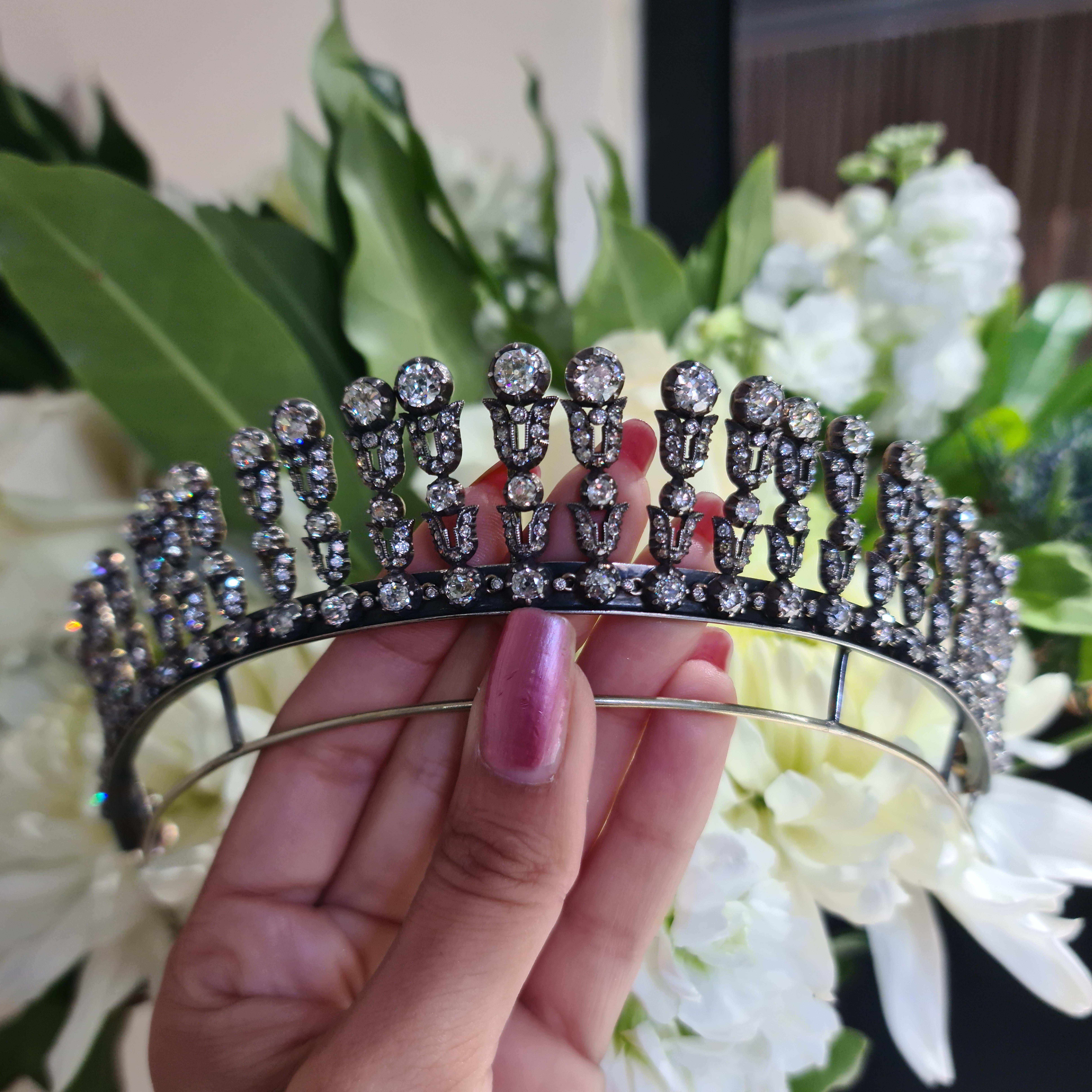 Antike Diamant-Silber-Upon-Gold-Tiara-Halskette, 35,44 Karat, um 1900 Damen