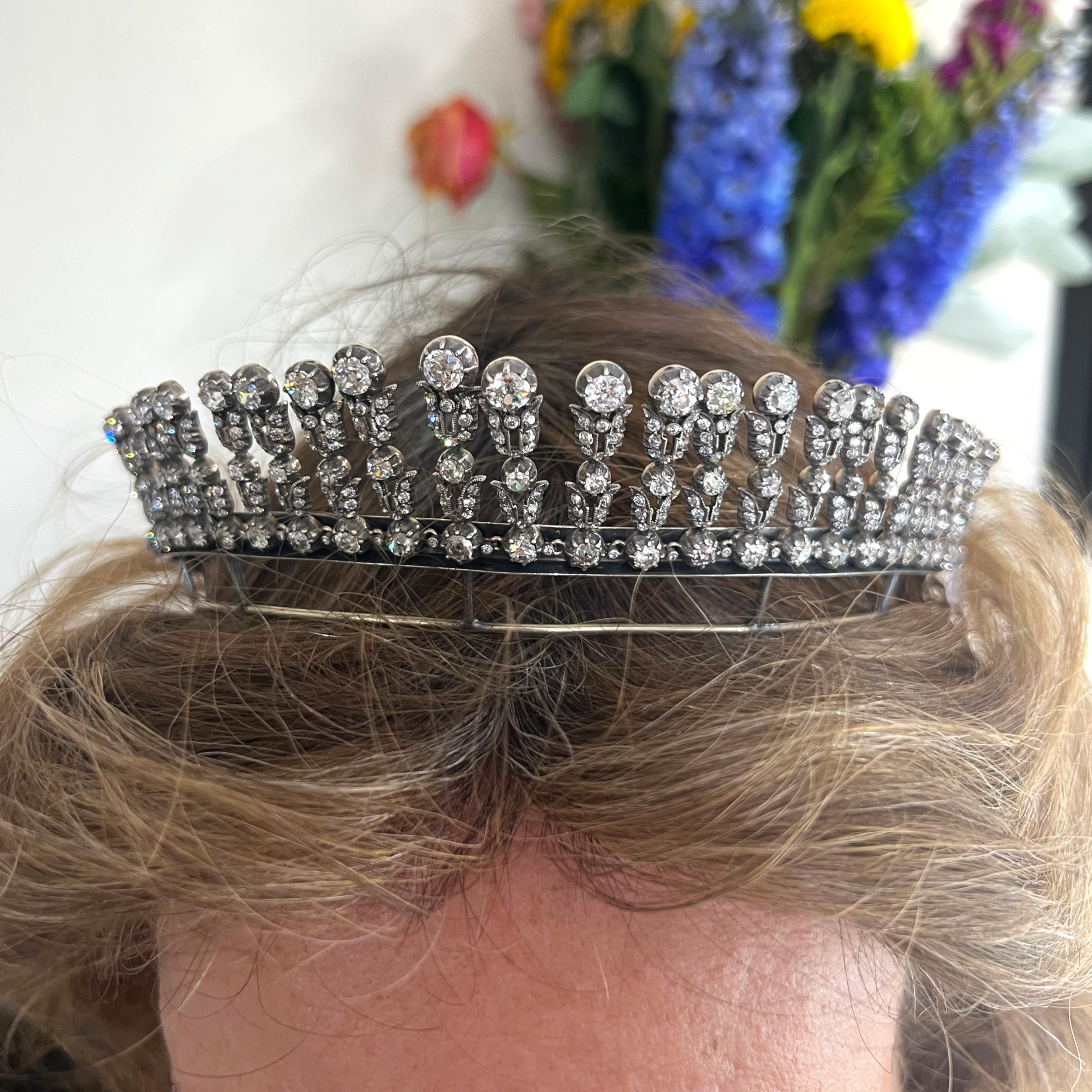 Antike Diamant-Silber-Upon-Gold-Tiara-Halskette, 35,44 Karat, um 1900 2