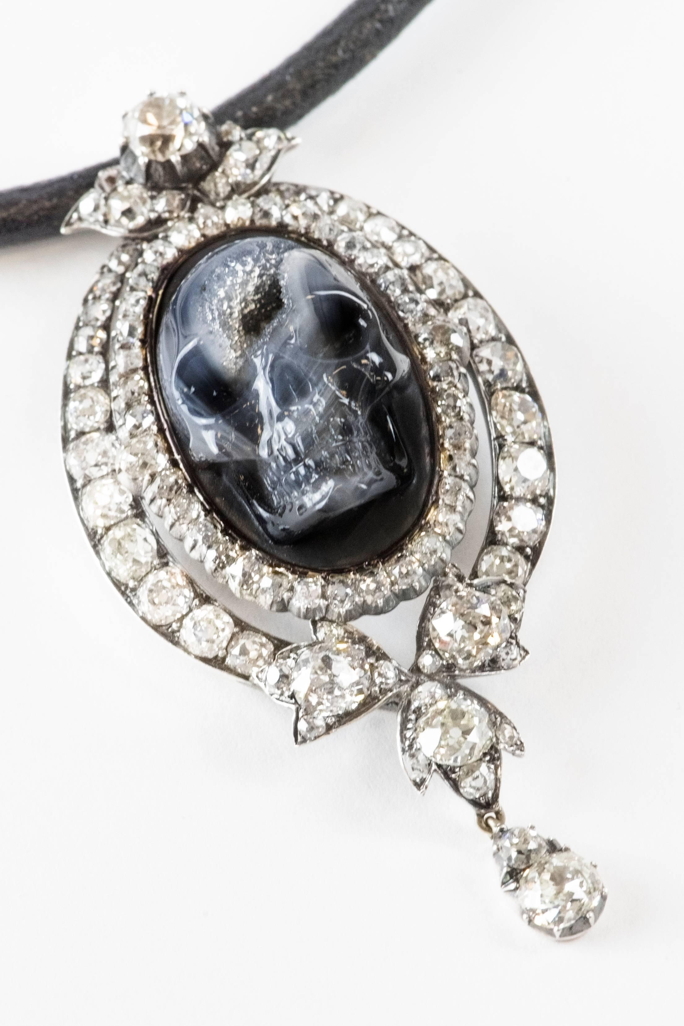 Mixed Cut Antique Diamond Skull Pendant Necklace For Sale