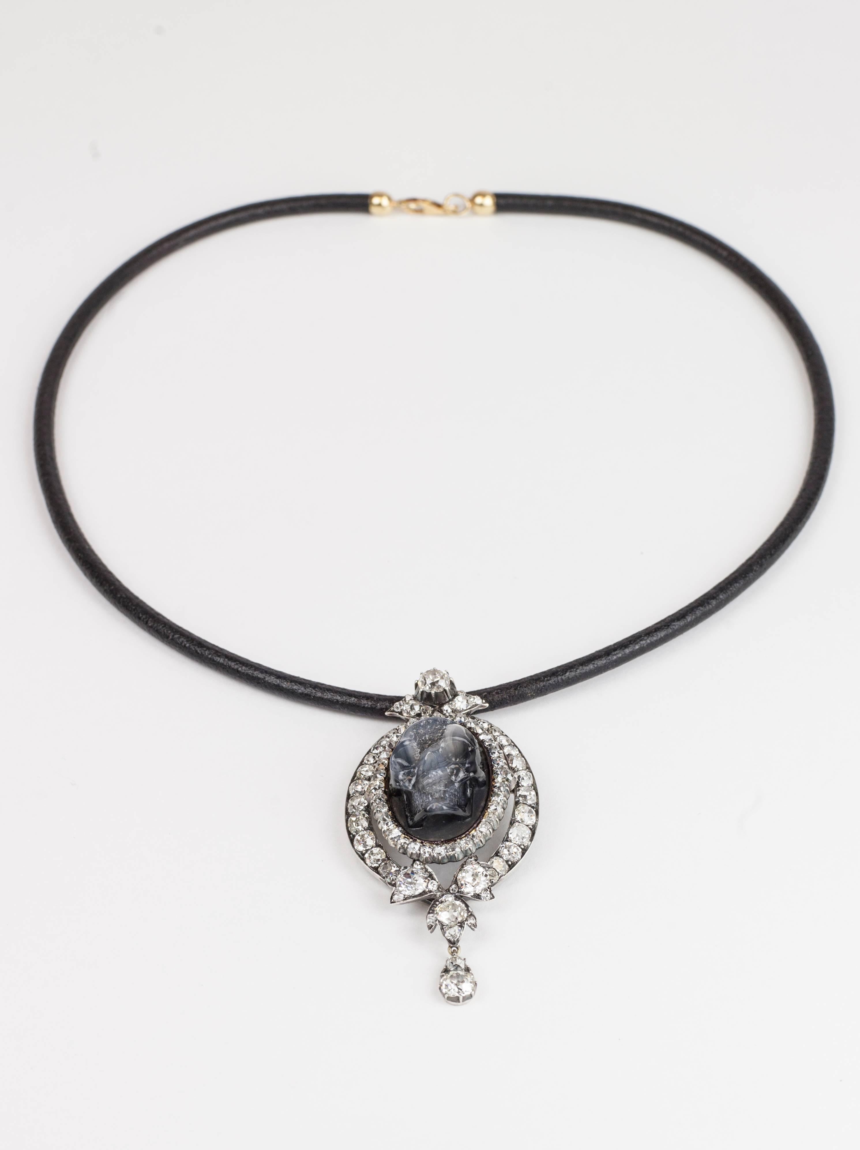 Antique Diamond Skull Pendant Necklace For Sale 2