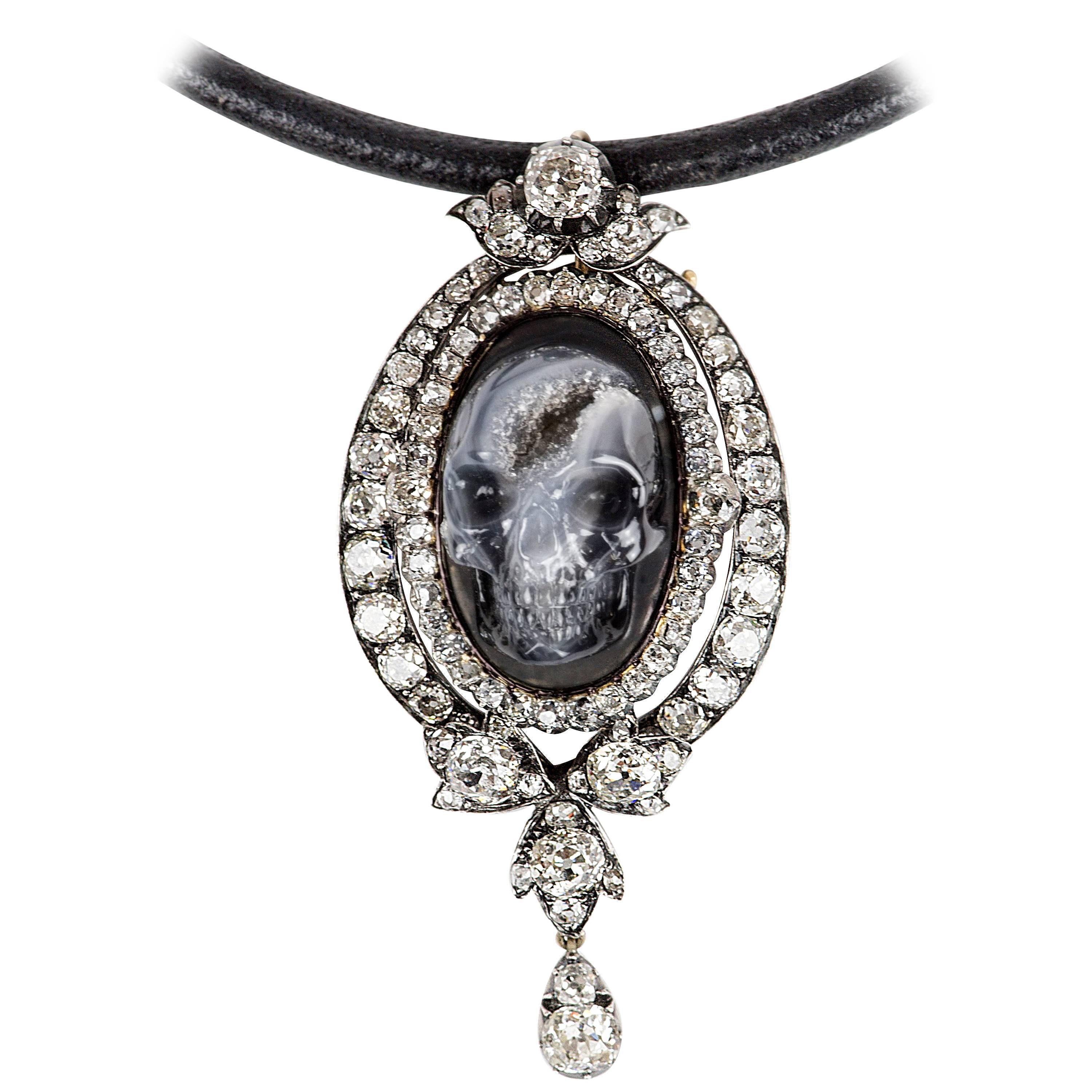 Antique Diamond Skull Pendant Necklace For Sale