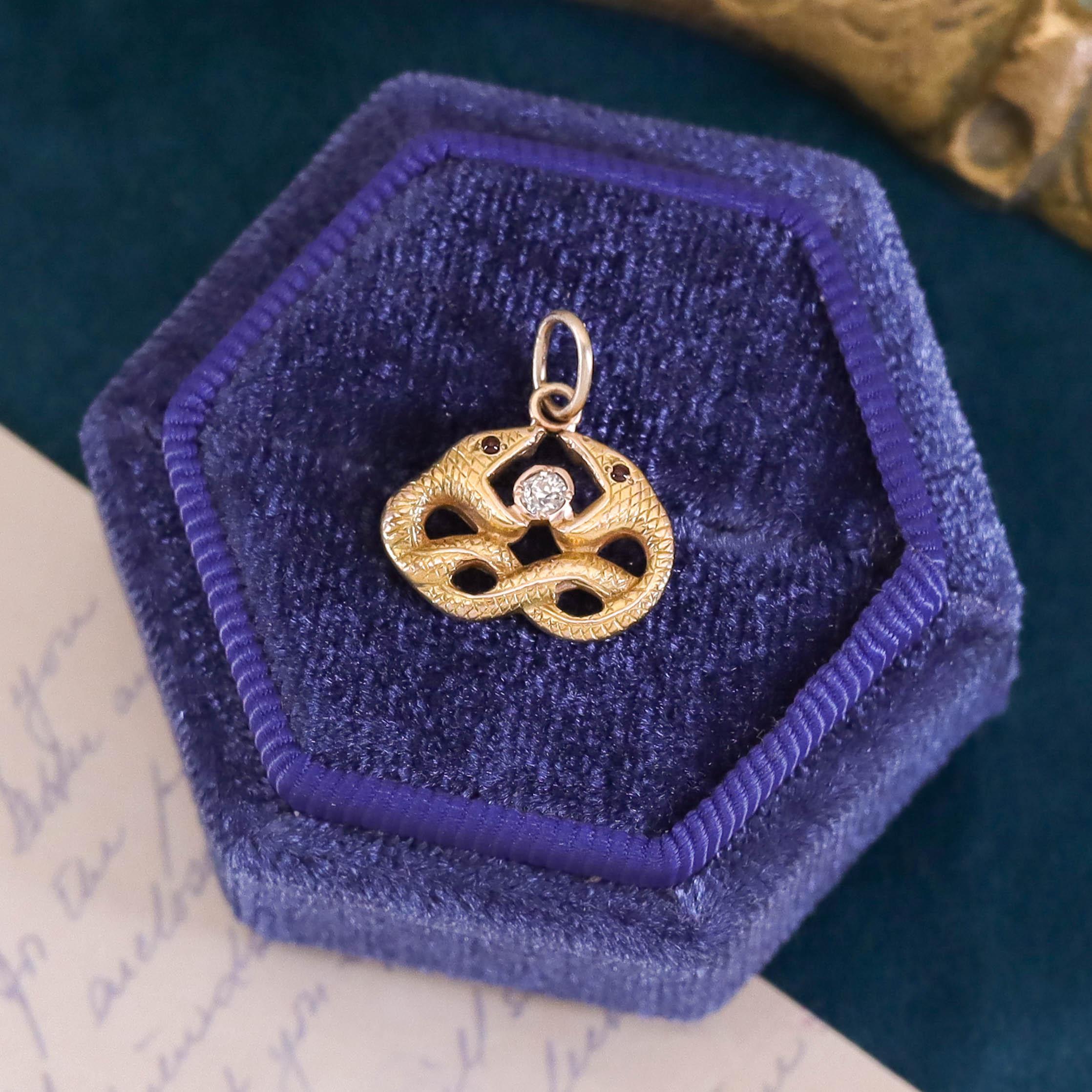 Old European Cut Antique Diamond Snake Charm of 14k Gold