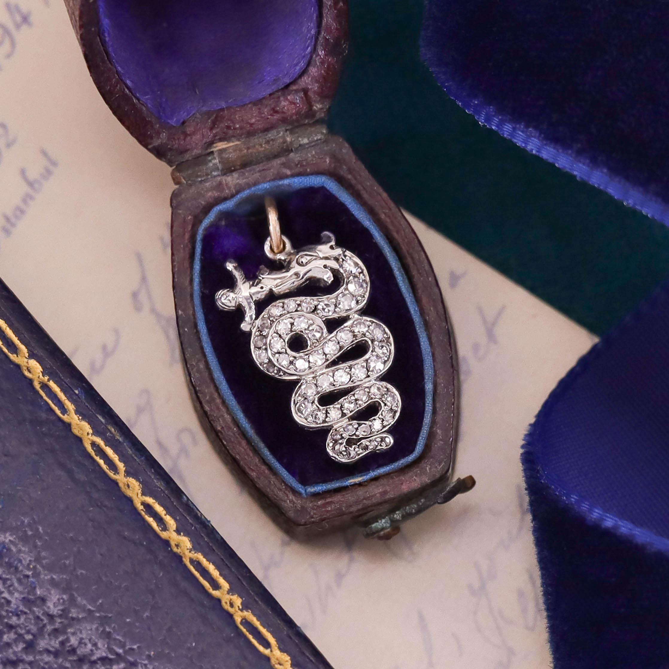 Women's Antique Diamond Snake Charm of Platinum For Sale