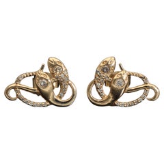 Antique Diamond Snake Earrings Solid 14k Gold, Victorian Revival Gold Snake Stud