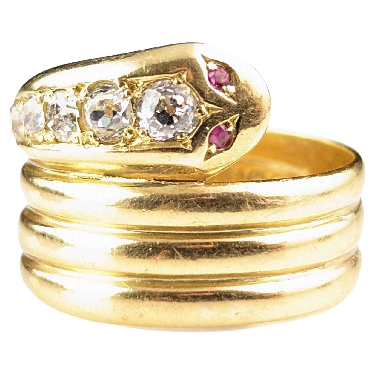 Antique Diamond snake ring, 18k yellow gold, Ruby eyes 