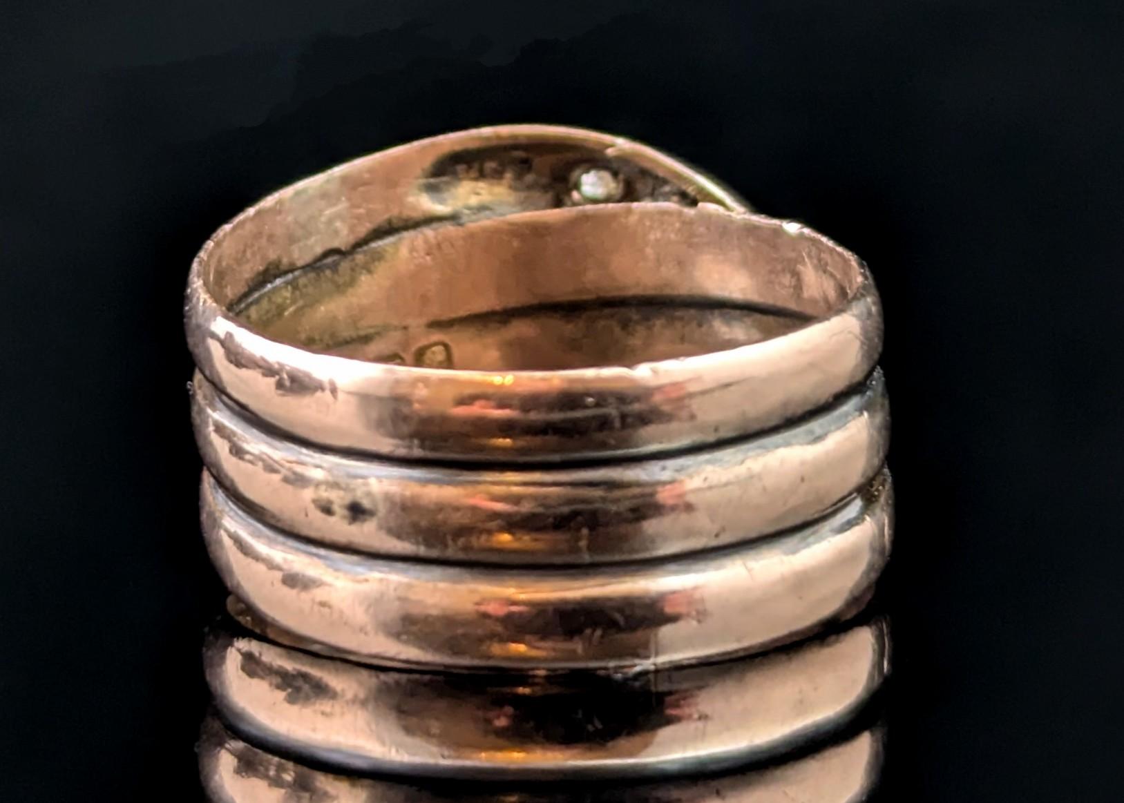 Old Mine Cut Antique Diamond snake ring, 9k rose gold For Sale