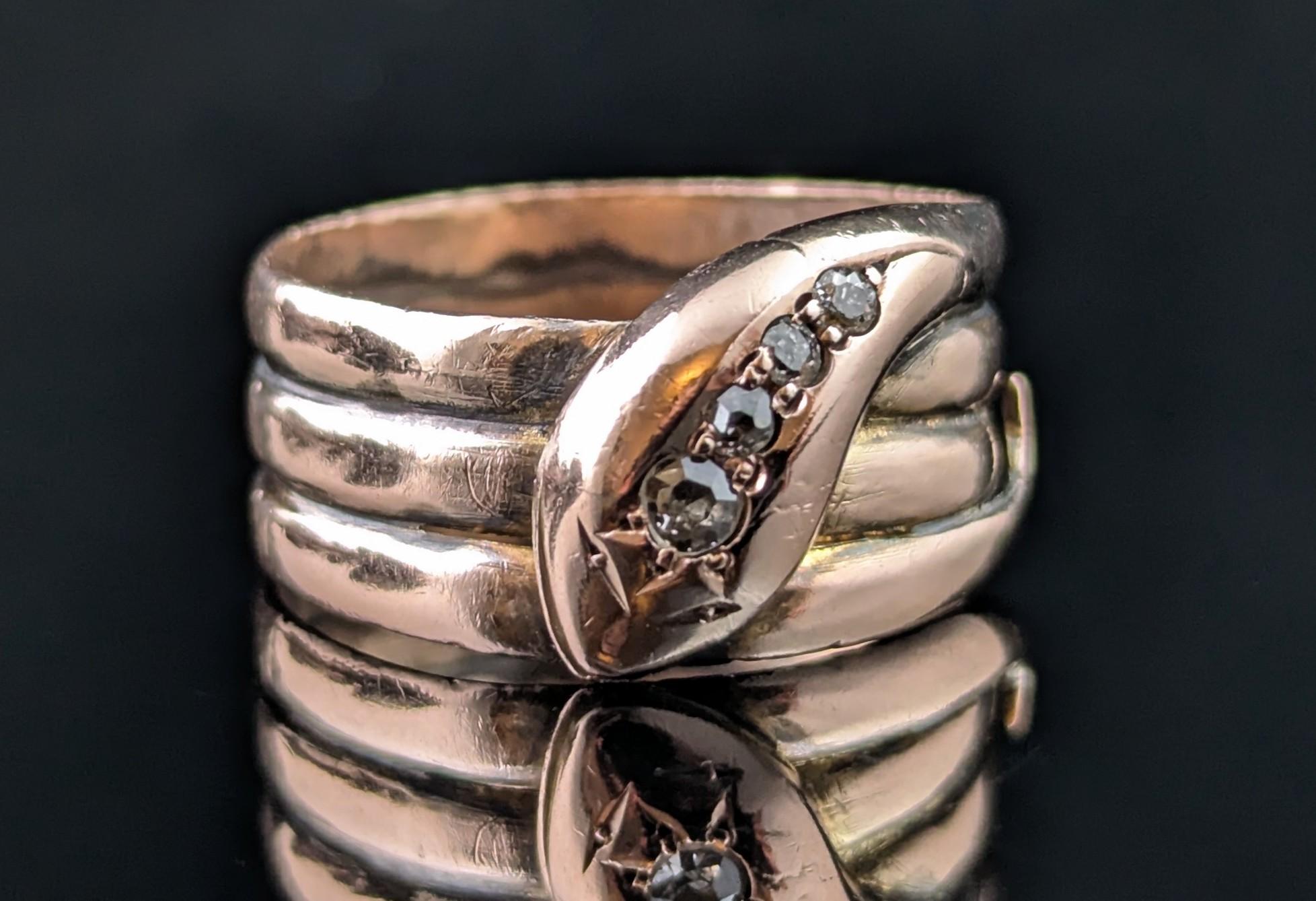 Women's or Men's Antique Diamond snake ring, 9k rose gold For Sale