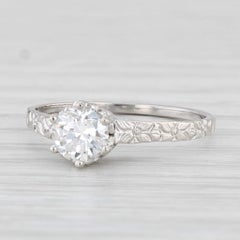 Antique Diamond Solitaire Engagement Ring 14k White Gold Floral Band Size 6.25