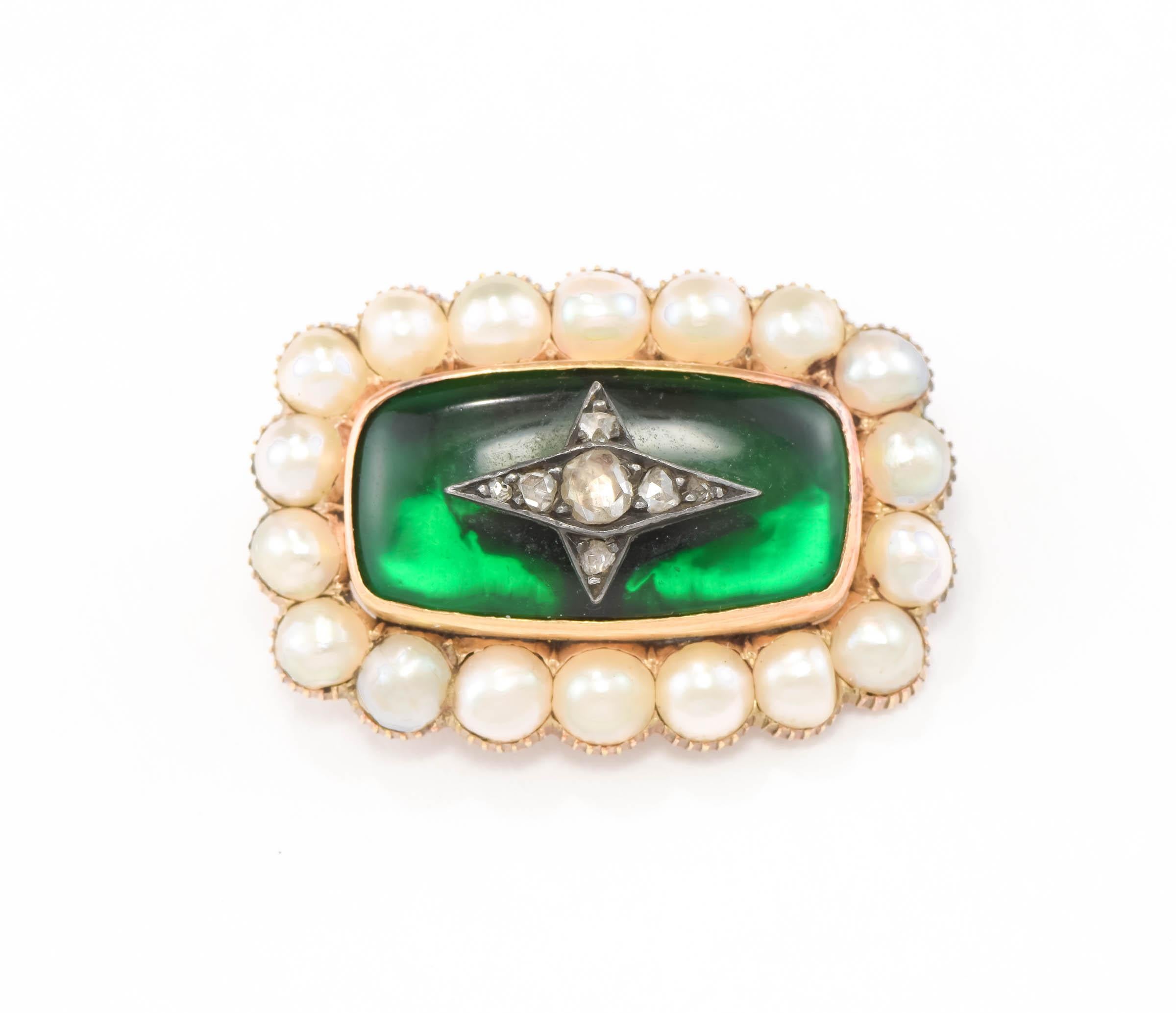 Antique Diamond Star Brooch Pin with Glowing Green & Pearls - or Convert to Ring For Sale 4