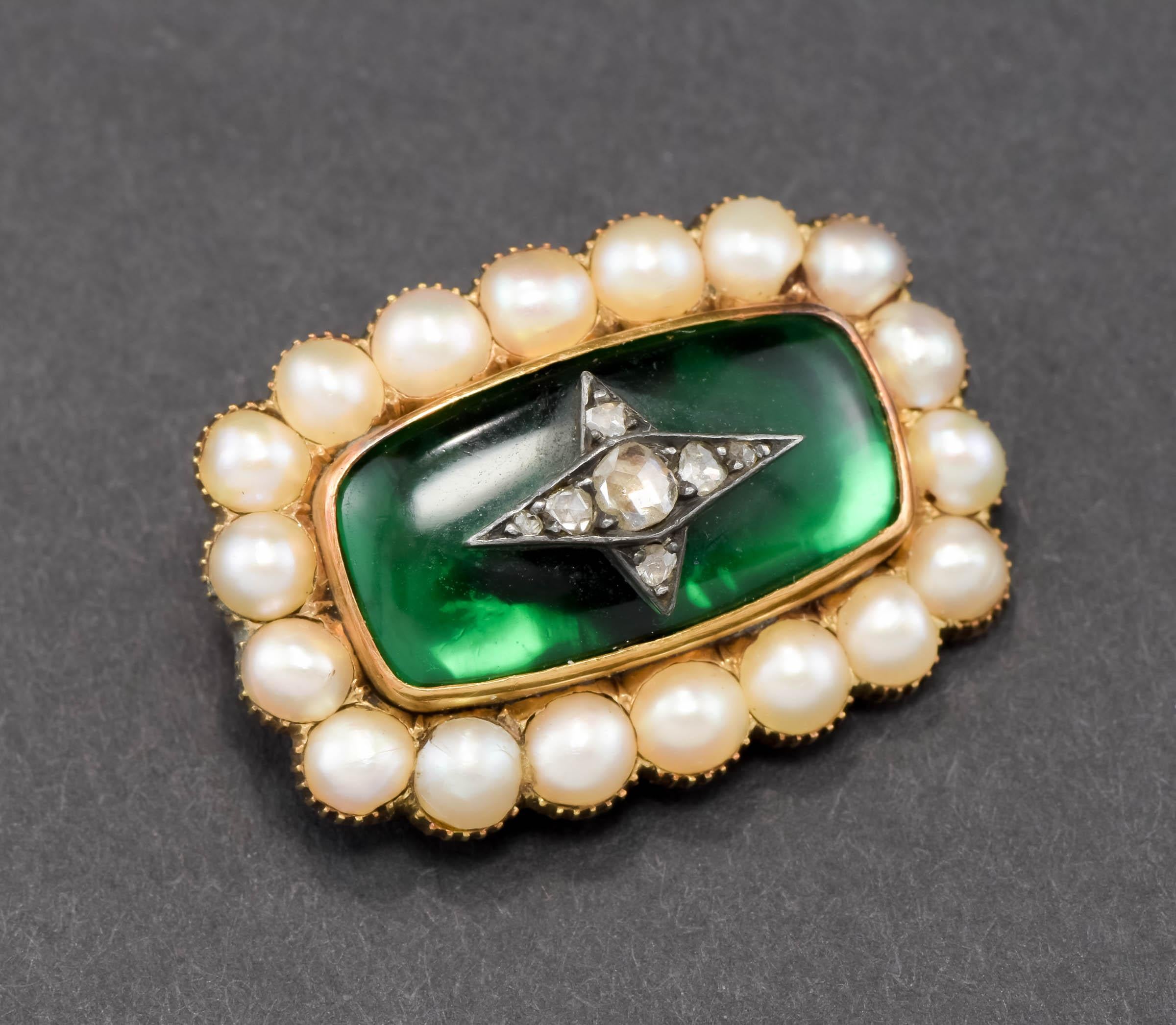 Antique Diamond Star Brooch Pin with Glowing Green & Pearls - or Convert to Ring In Good Condition For Sale In Danvers, MA