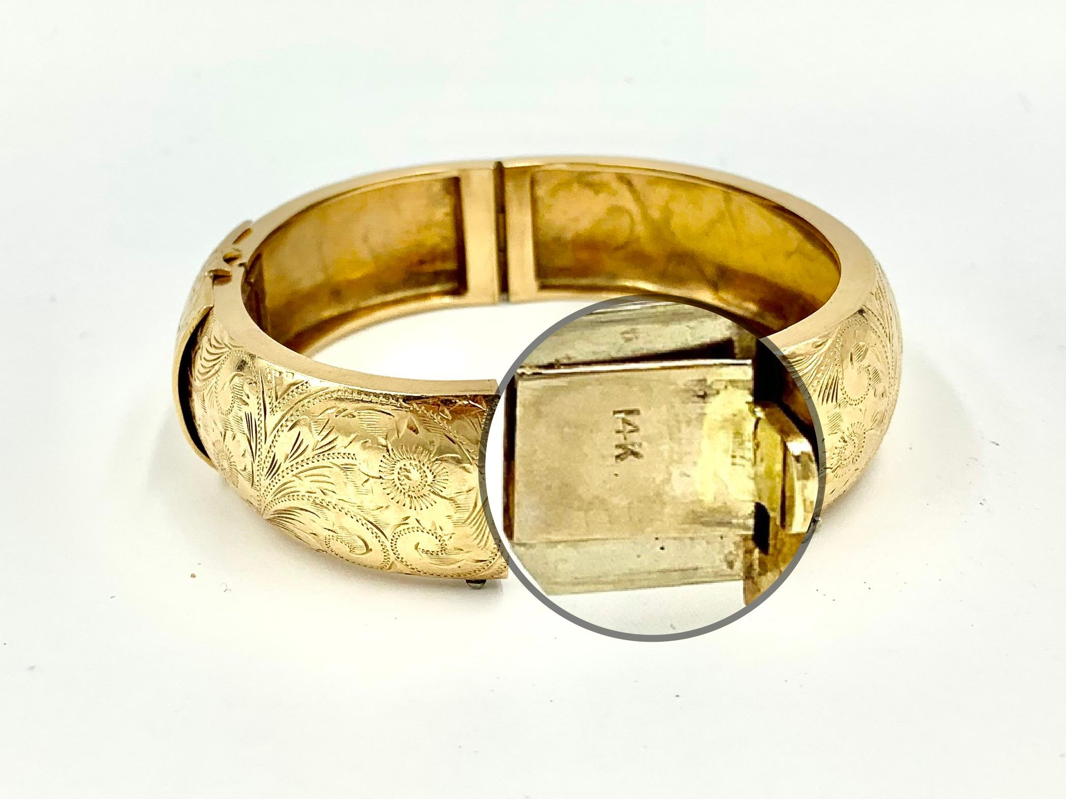 Antique Diamond Star, Flower Engraved 14K Yellow Gold Secret Locket Bracelet For Sale 1