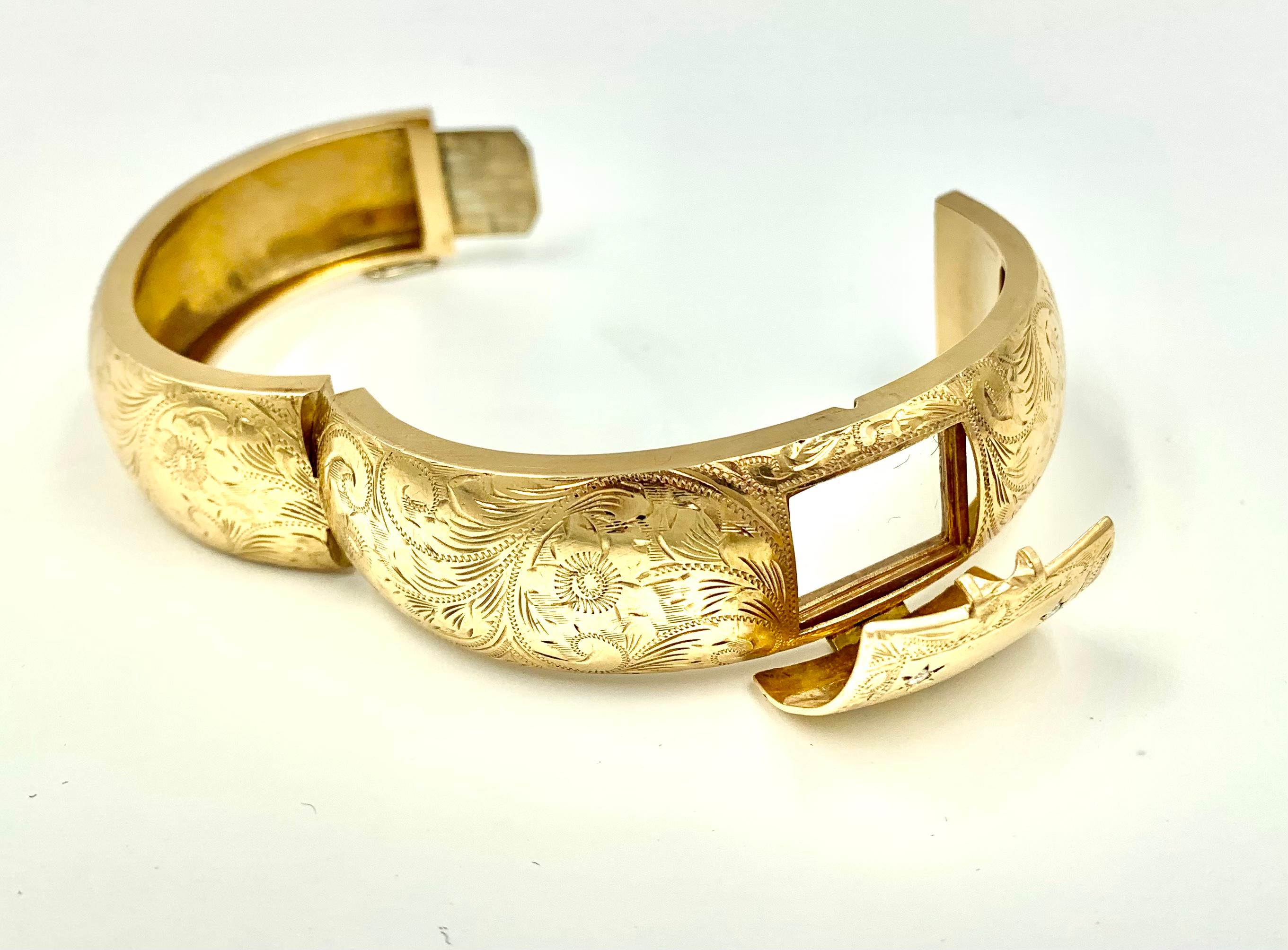 Antique Diamond Star, Flower Engraved 14K Yellow Gold Secret Locket Bracelet For Sale 2