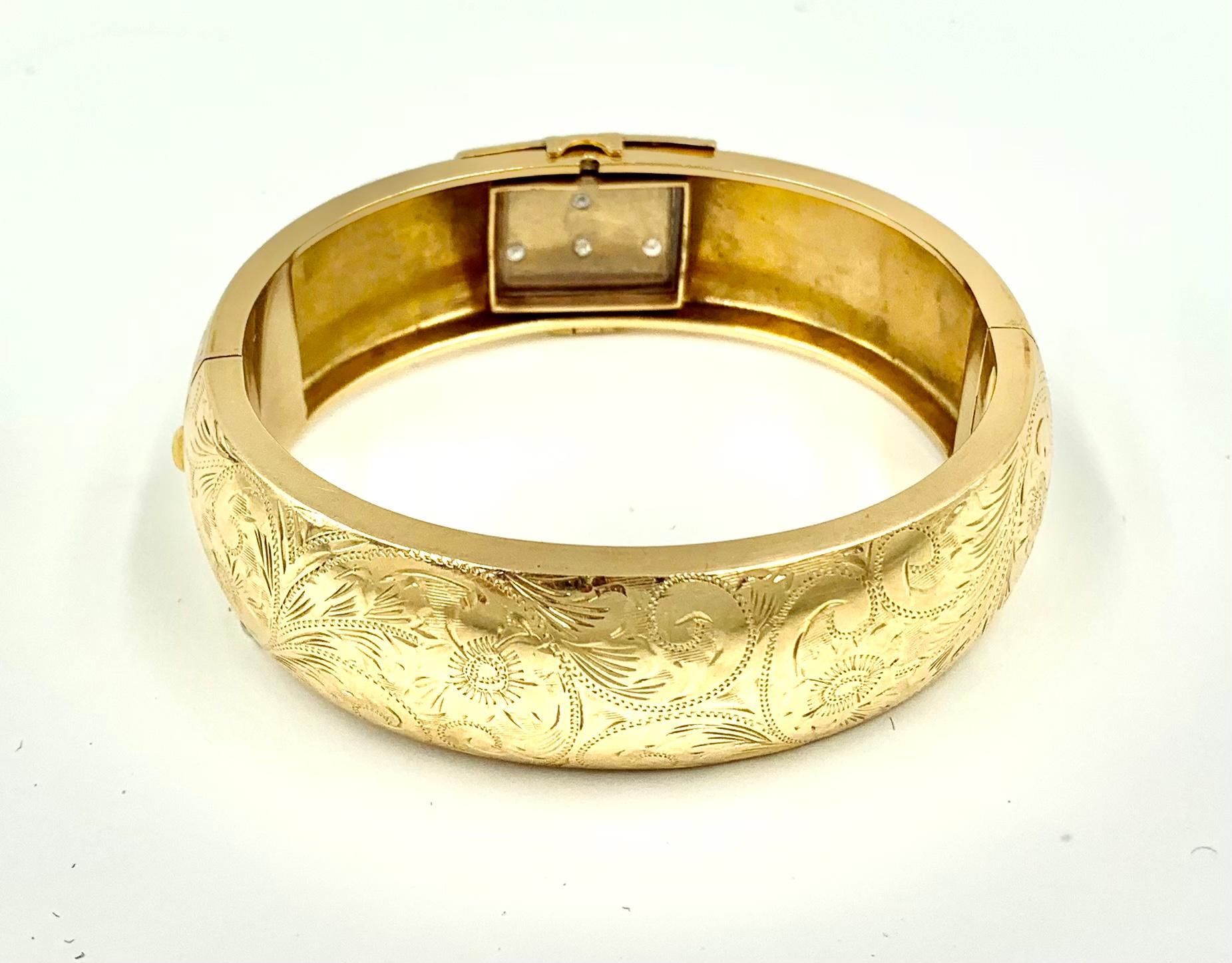 Antique Diamond Star, Flower Engraved 14K Yellow Gold Secret Locket Bracelet For Sale 3