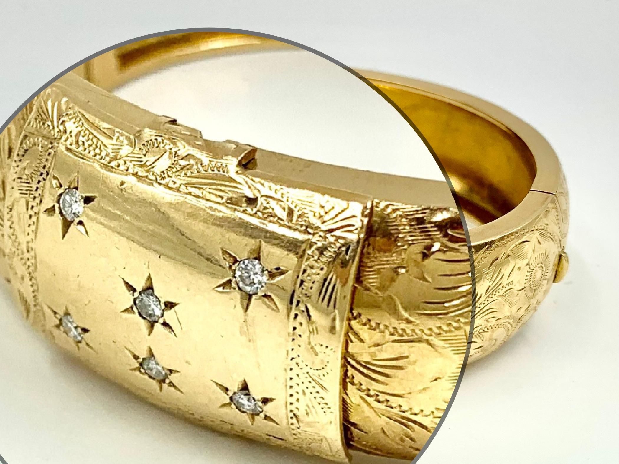Antique Diamond Star, Flower Engraved 14K Yellow Gold Secret Locket Bracelet For Sale 4