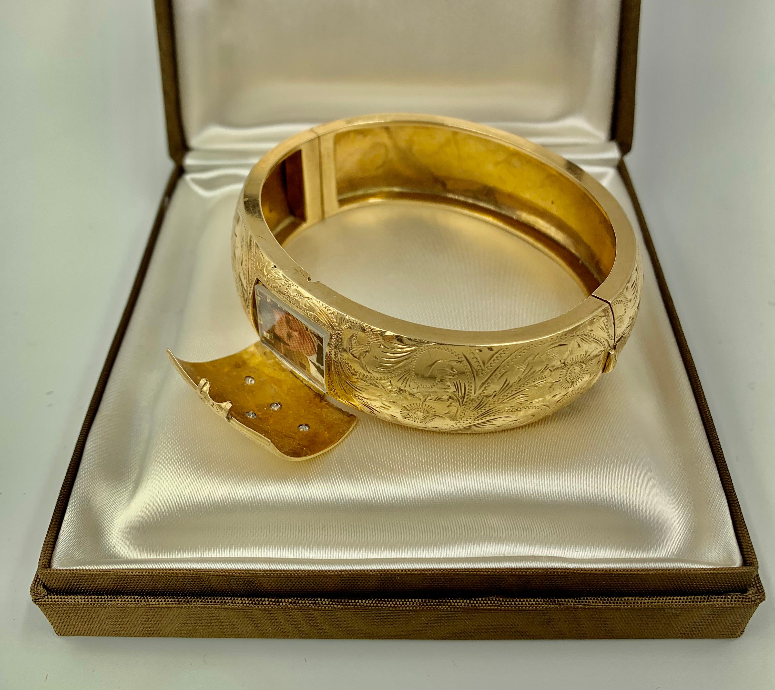 Antique Diamond Star, Flower Engraved 14K Yellow Gold Secret Locket Bracelet For Sale 6