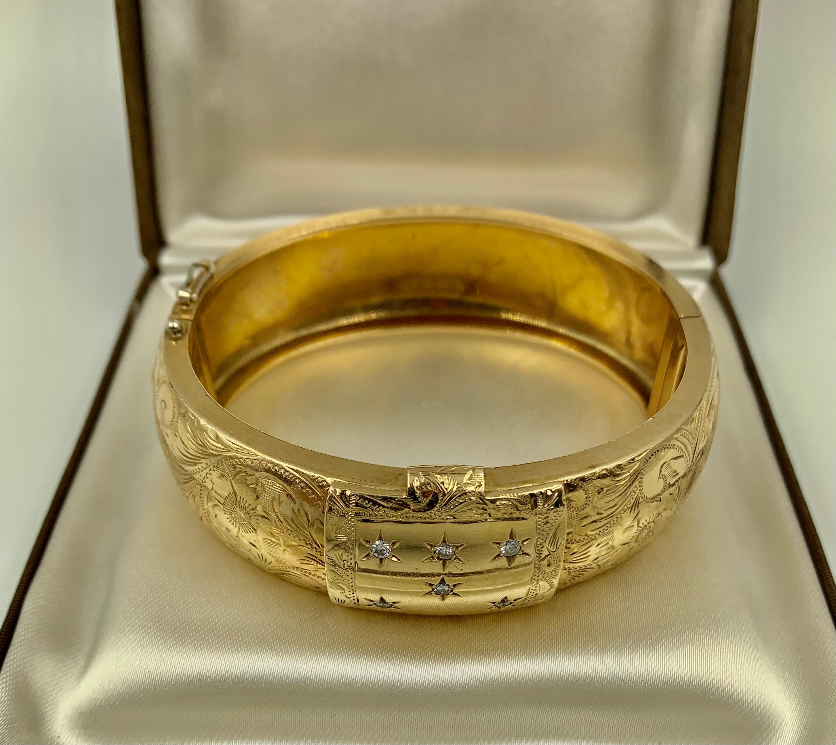 Antique Diamond Star, Flower Engraved 14K Yellow Gold Secret Locket Bracelet For Sale 7