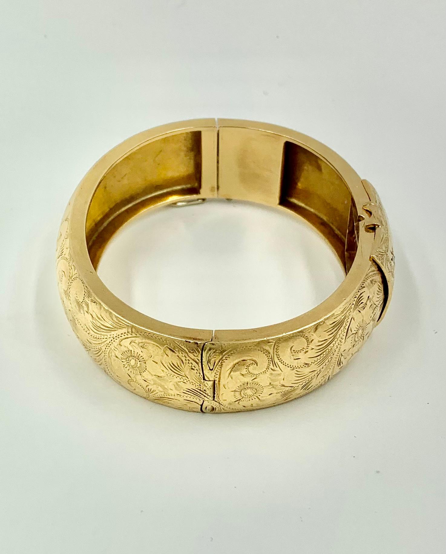 Old European Cut Antique Diamond Star, Flower Engraved 14K Yellow Gold Secret Locket Bracelet For Sale