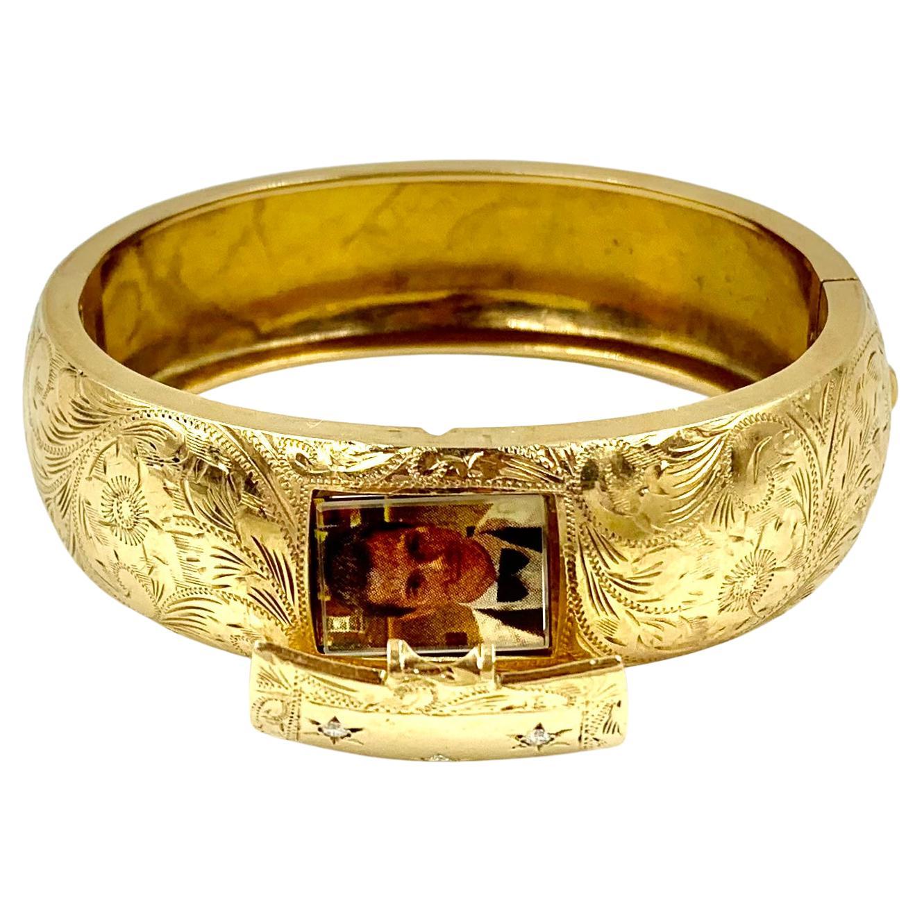 Antique Diamond Star, Flower Engraved 14K Yellow Gold Secret Locket Bracelet