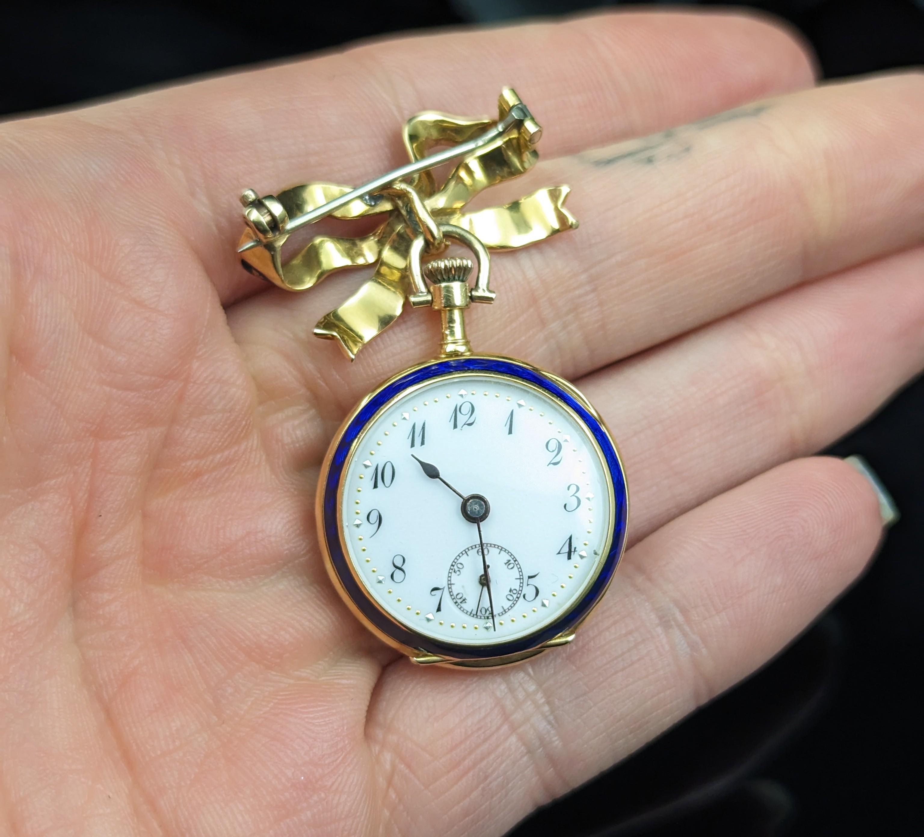 Antique Diamond Star Fob Watch, 18k Gold, Blue Enamel, Bow Brooch 3