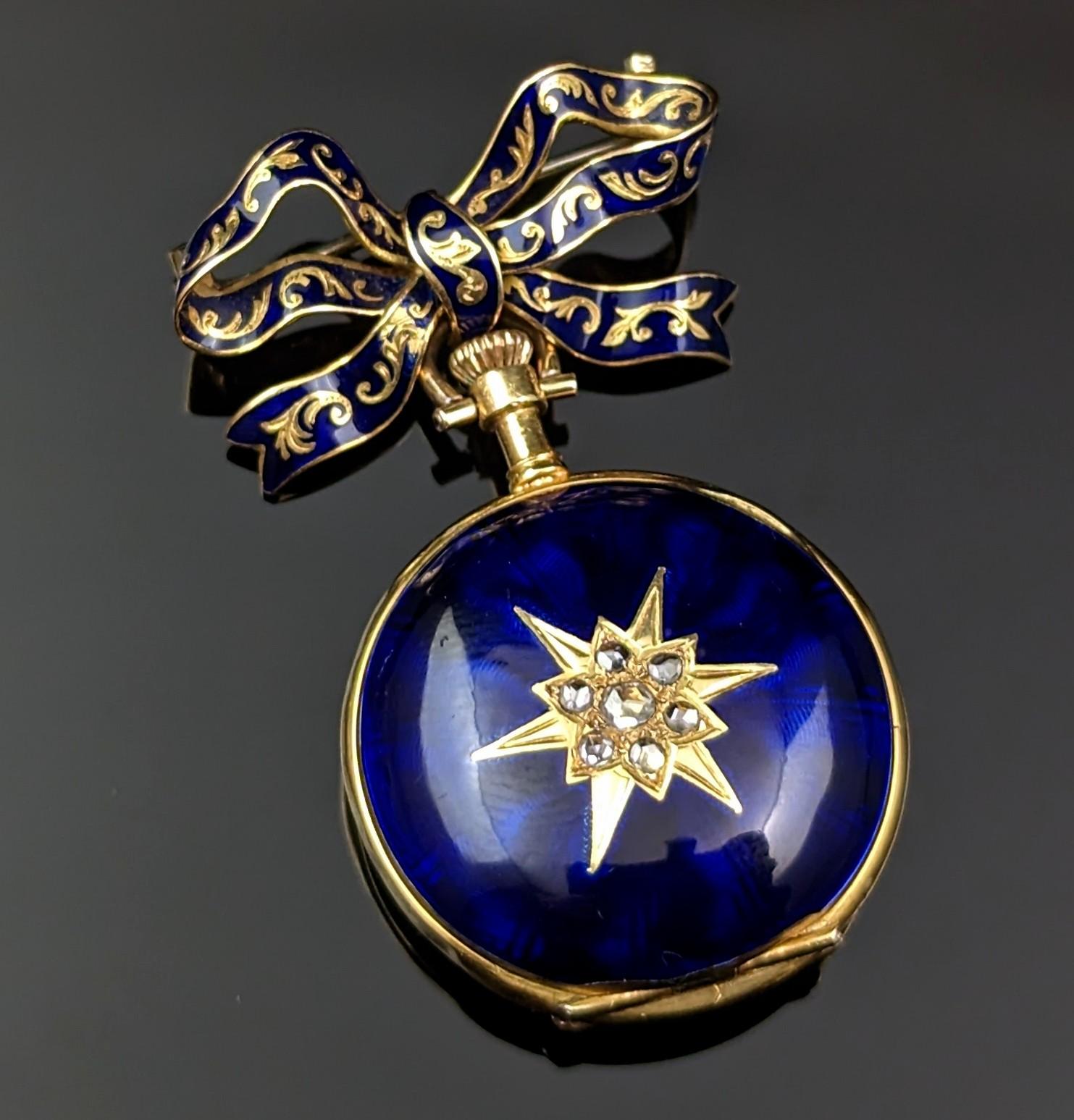 Antique Diamond Star Fob Watch, 18k Gold, Blue Enamel, Bow Brooch 4