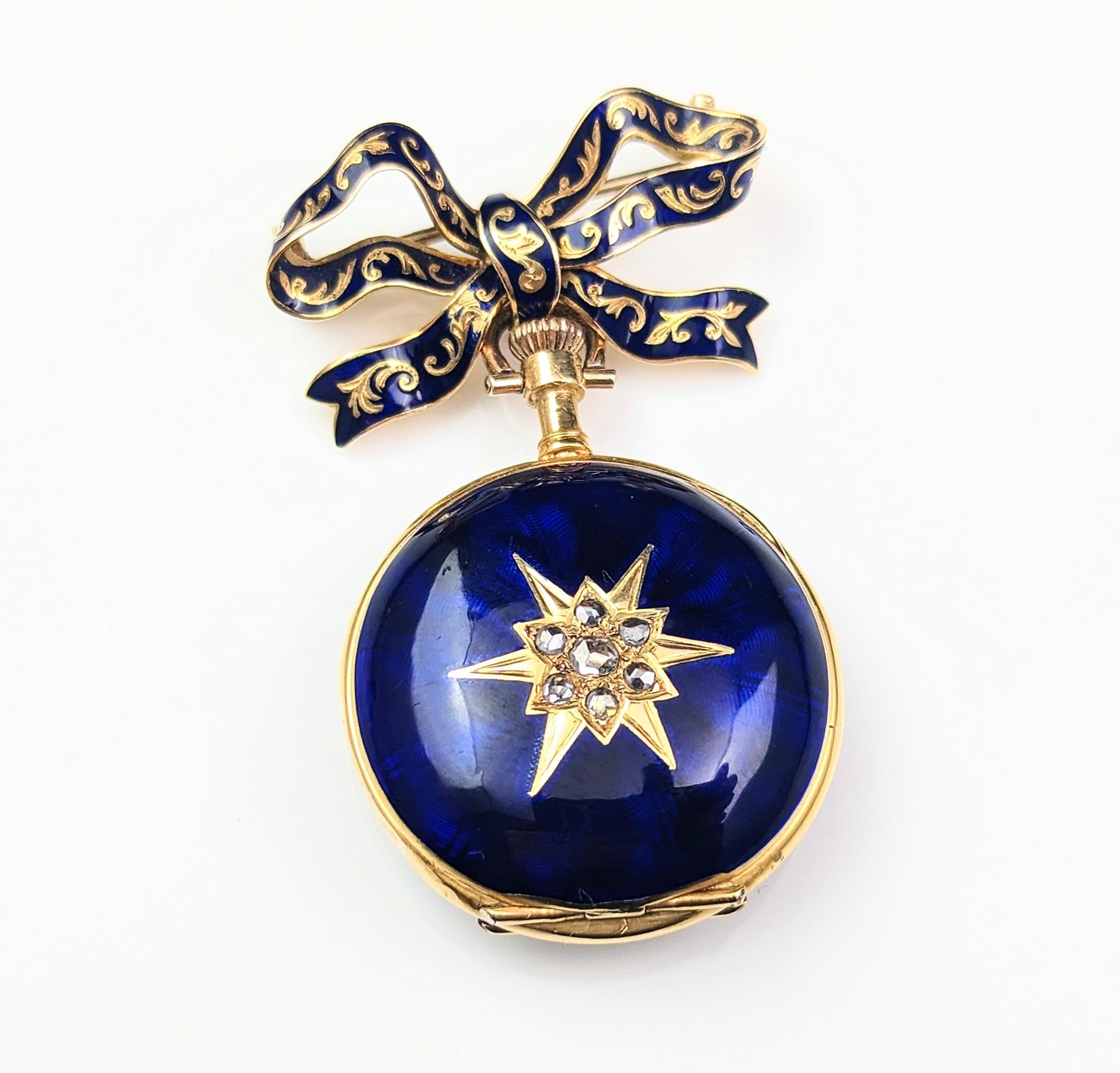 Antique Diamond Star Fob Watch, 18k Gold, Blue Enamel, Bow Brooch 8